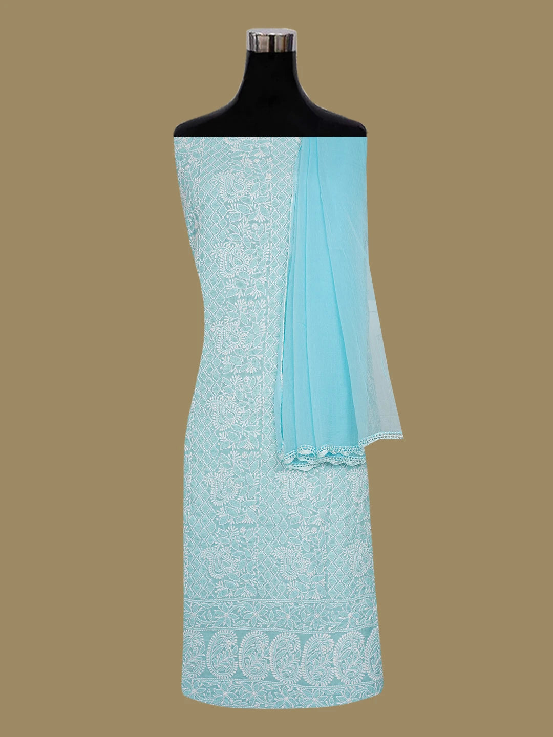 Ada Hand Embroidered Sky Blue Cotton Lucknowi Chikankari Unstitched Suit Piece With Cutdana Work 01A621415