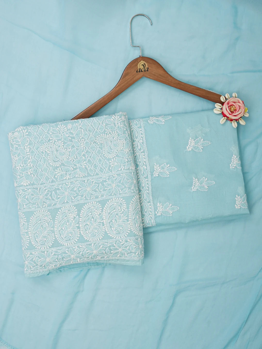 Ada Hand Embroidered Sky Blue Cotton Lucknowi Chikankari Unstitched Suit Piece With Cutdana Work 01A621415