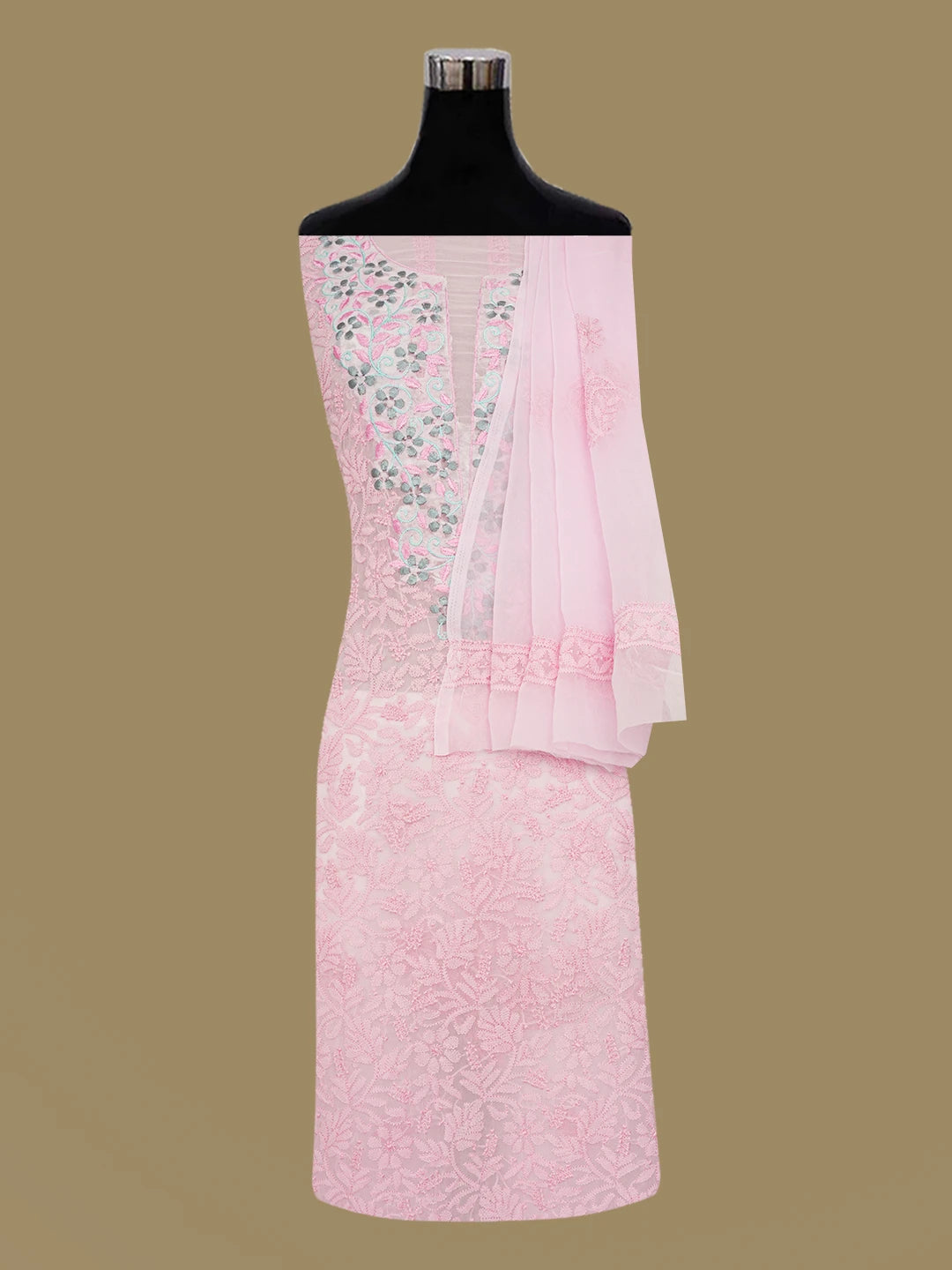 Ada Hand Embroidered Pink Georgette Lucknowi Chikankari Unstitched Suit Piece With Parsi Work 01A643848