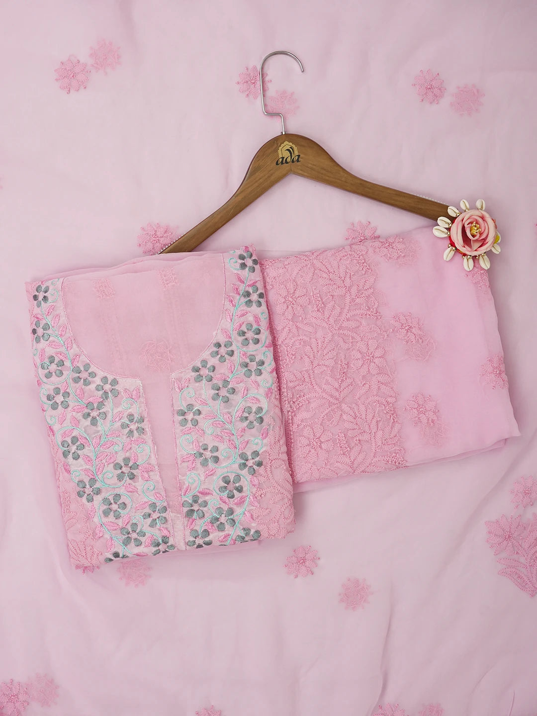 Ada Hand Embroidered Pink Georgette Lucknowi Chikankari Unstitched Suit Piece With Parsi Work 01A643848