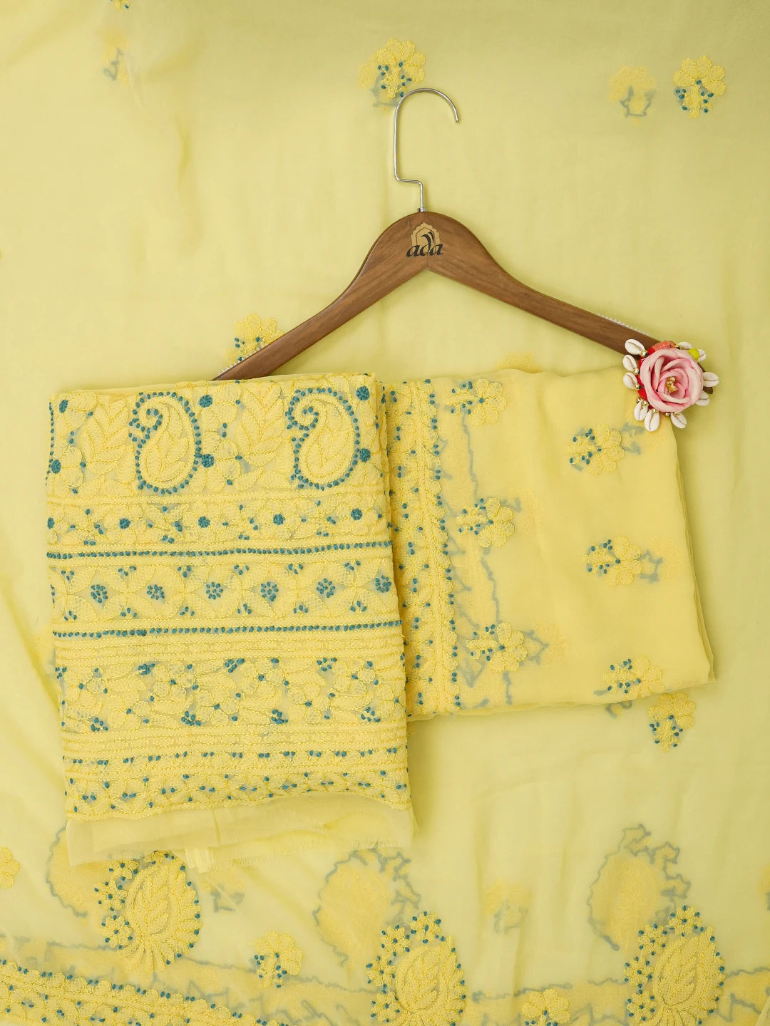 Ada Hand Embroidered Lemon Georgette Lucknowi Chikankari Unstitched Suit Piece 01A643987