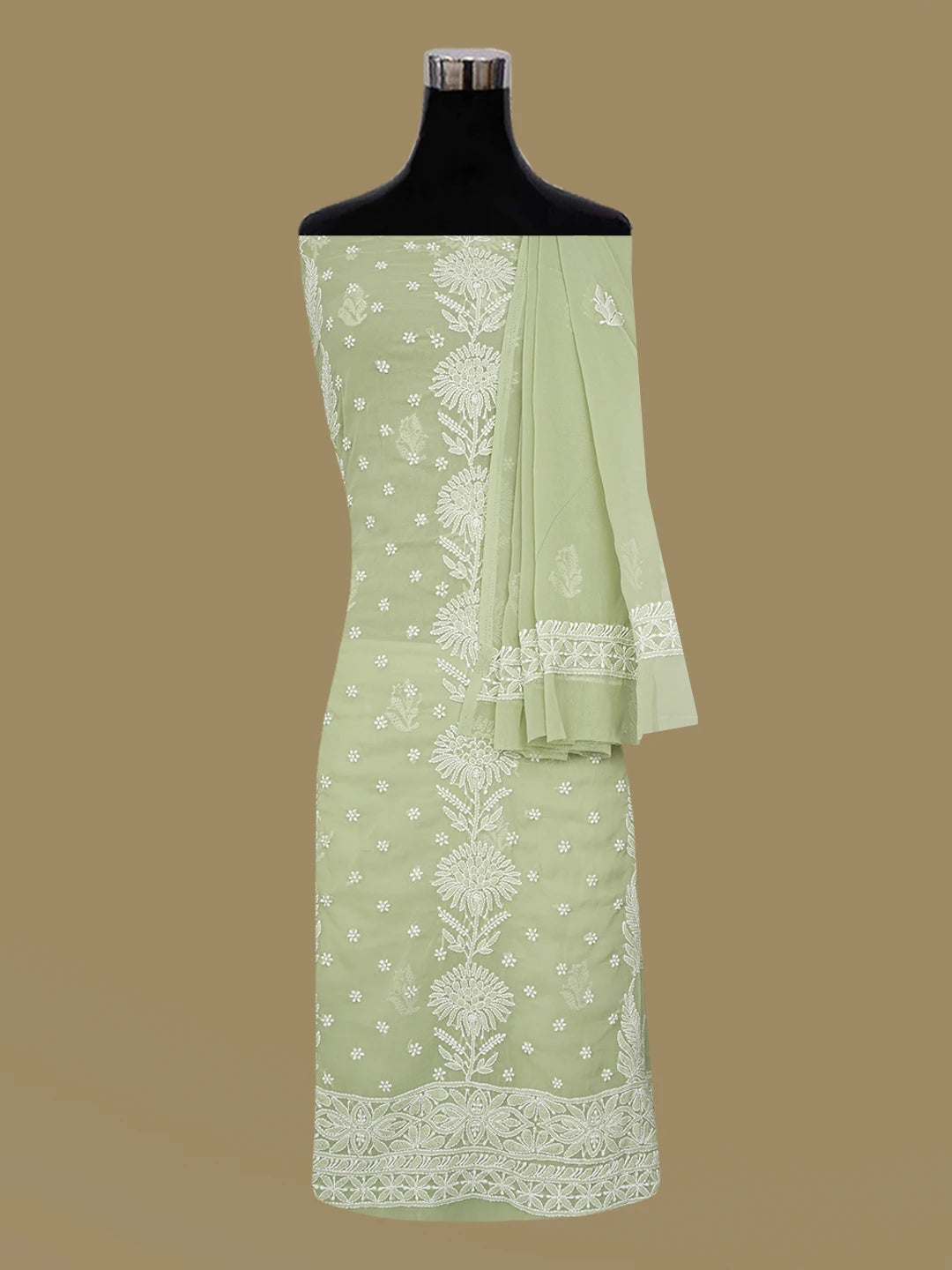 Ada Hand Embroidered Olive Green Georgette Lucknowi Chikankari Unstitched Suit Piece 01A643949