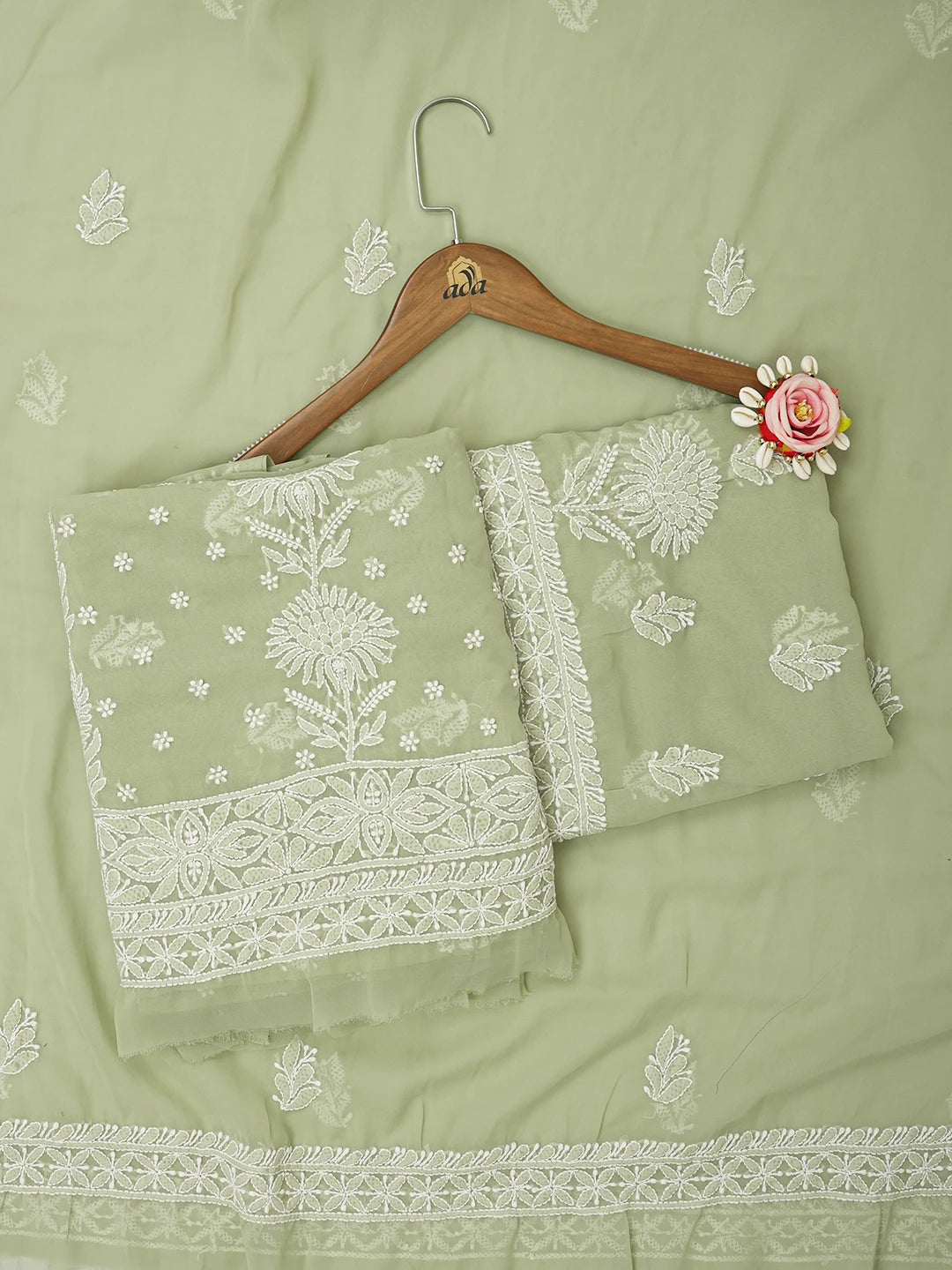 Ada Hand Embroidered Olive Green Georgette Lucknowi Chikankari Unstitched Suit Piece 01A643949