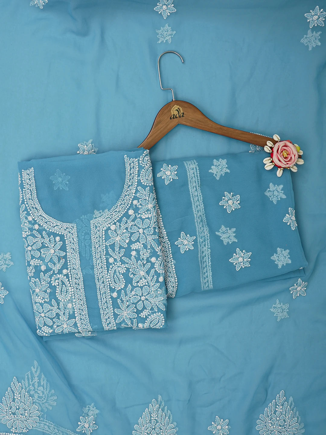 Ada Hand Embroidered Blue Georgette Lucknowi Chikankari Unstitched Suit Piece 01A643922