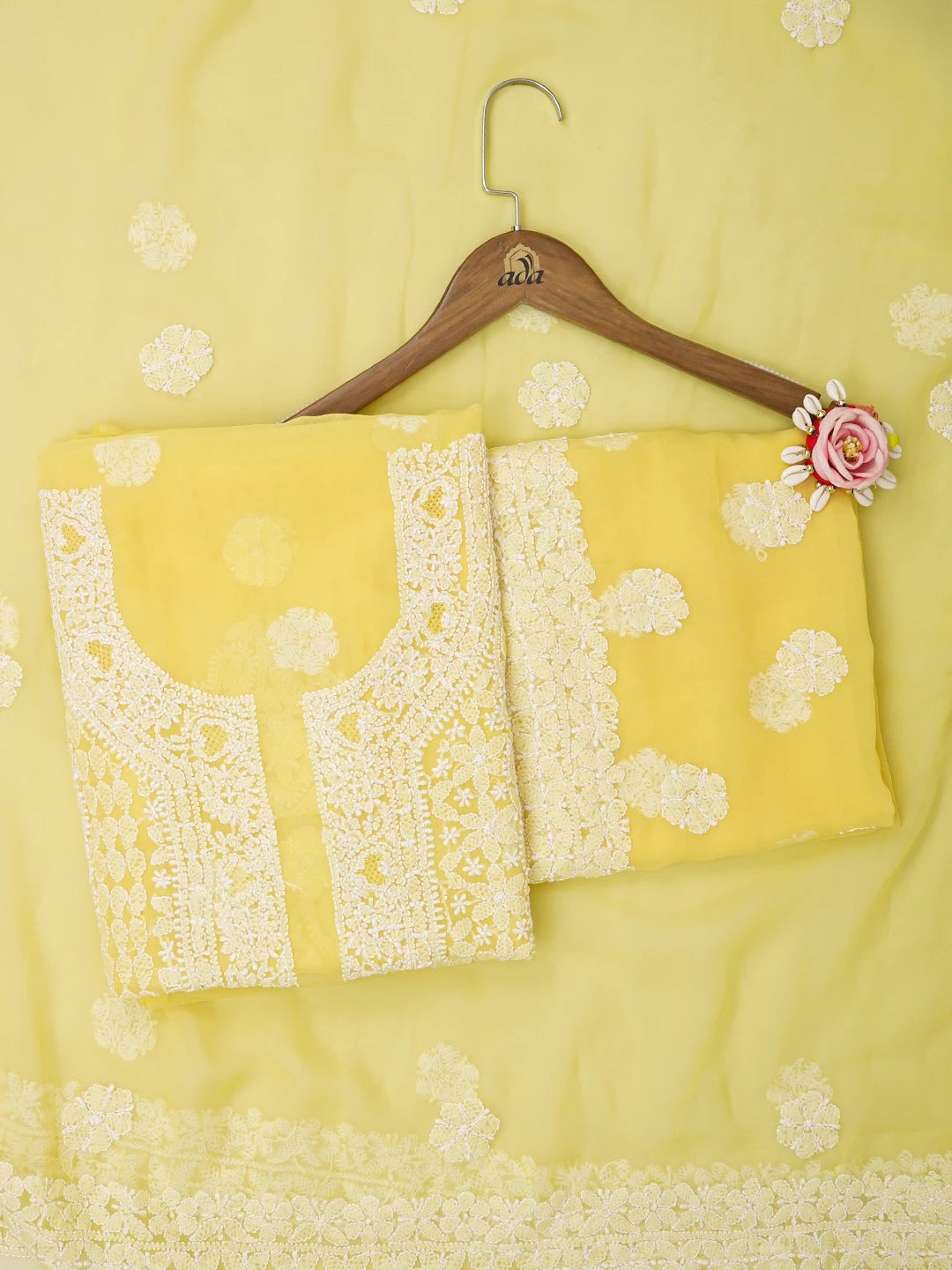 Ada Hand Embroidered Yellow Georgette Lucknowi Chikankari Unstitched Suit Piece 01A643864