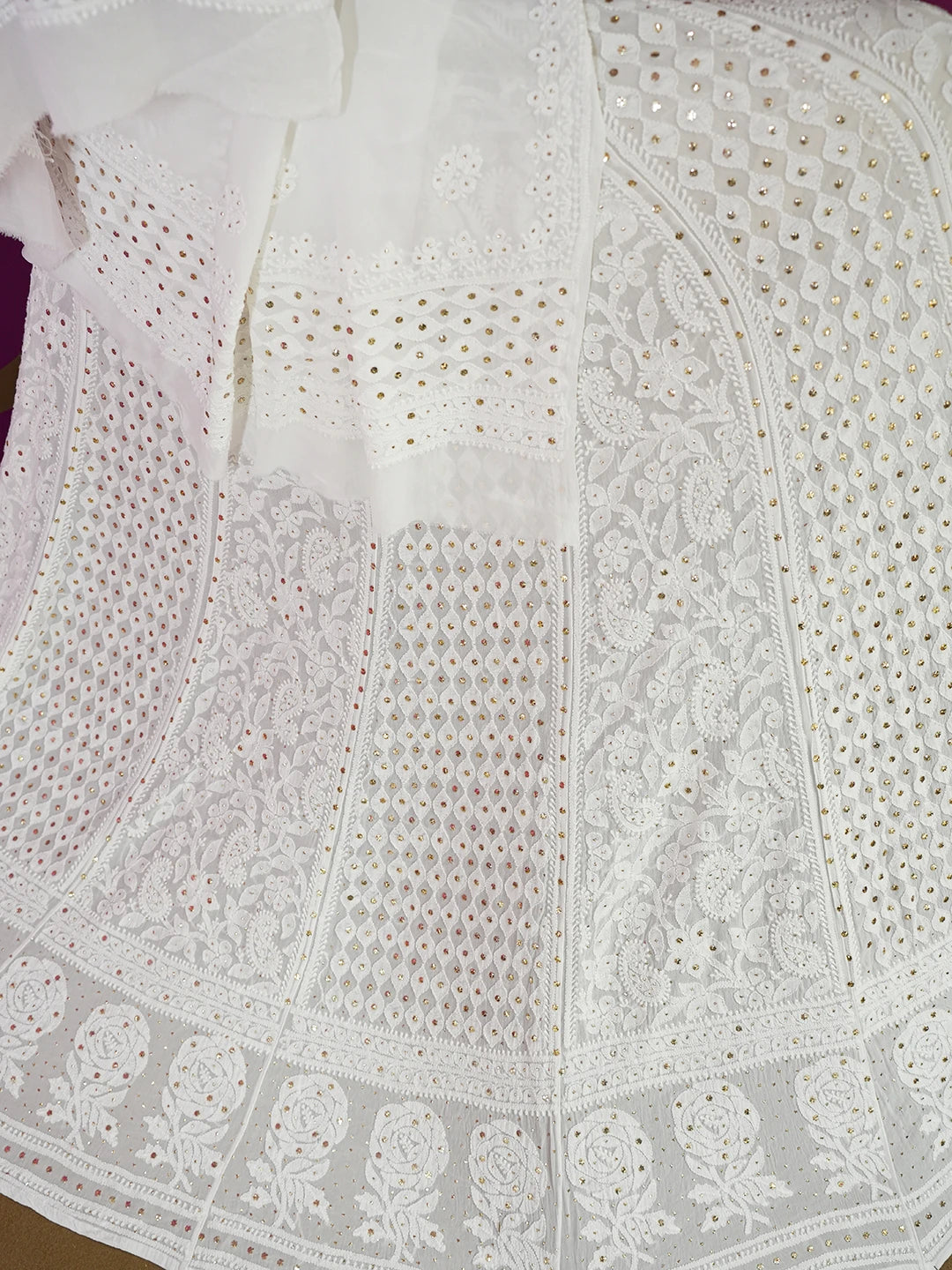 Ada Hand Embroidered White Viscose Georgette Lucknowi Chikankari Lehenga Set With Muqaish Work 01A586952
