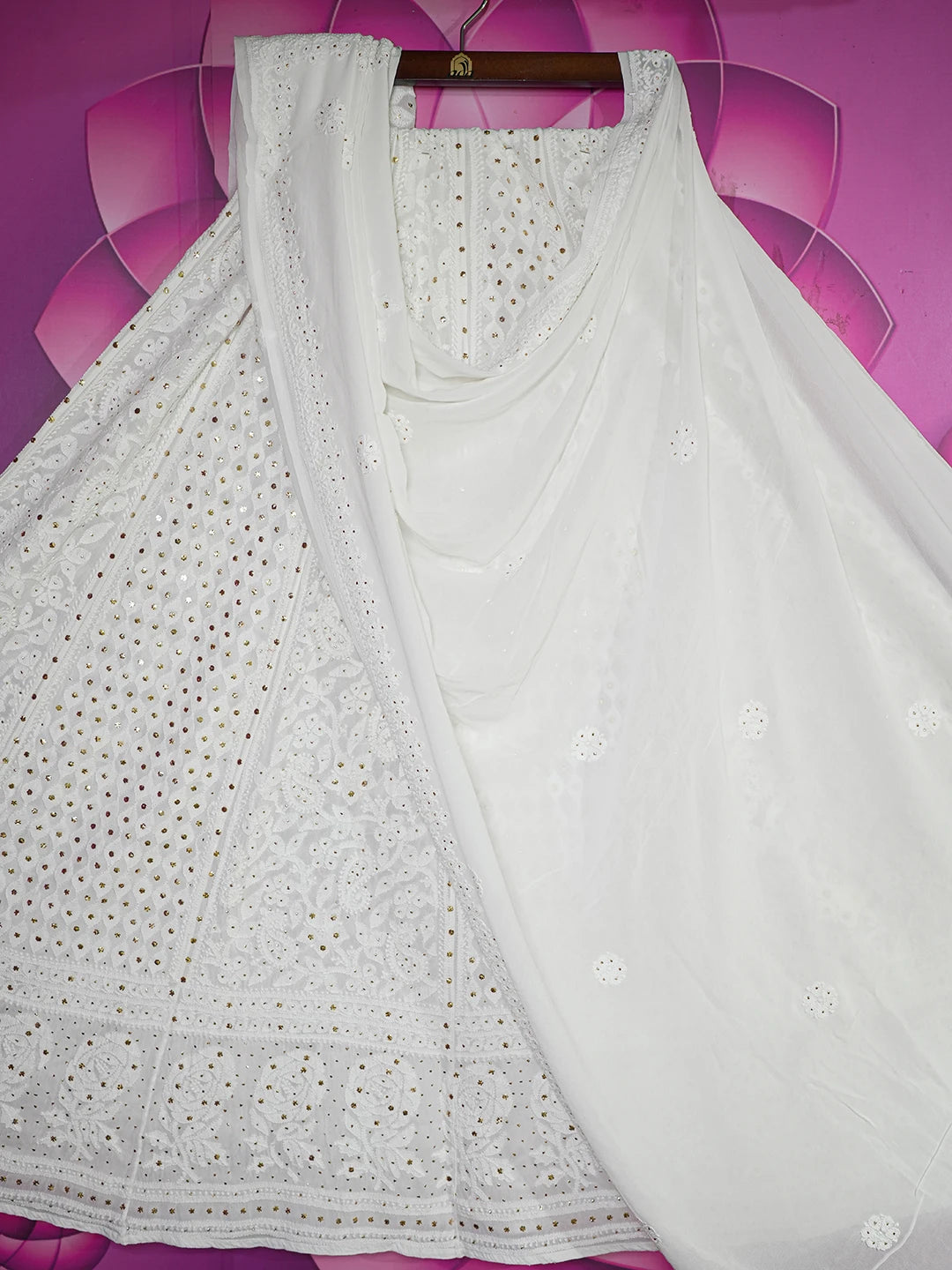Ada Hand Embroidered White Viscose Georgette Lucknowi Chikankari Lehenga Set With Muqaish Work 01A586952
