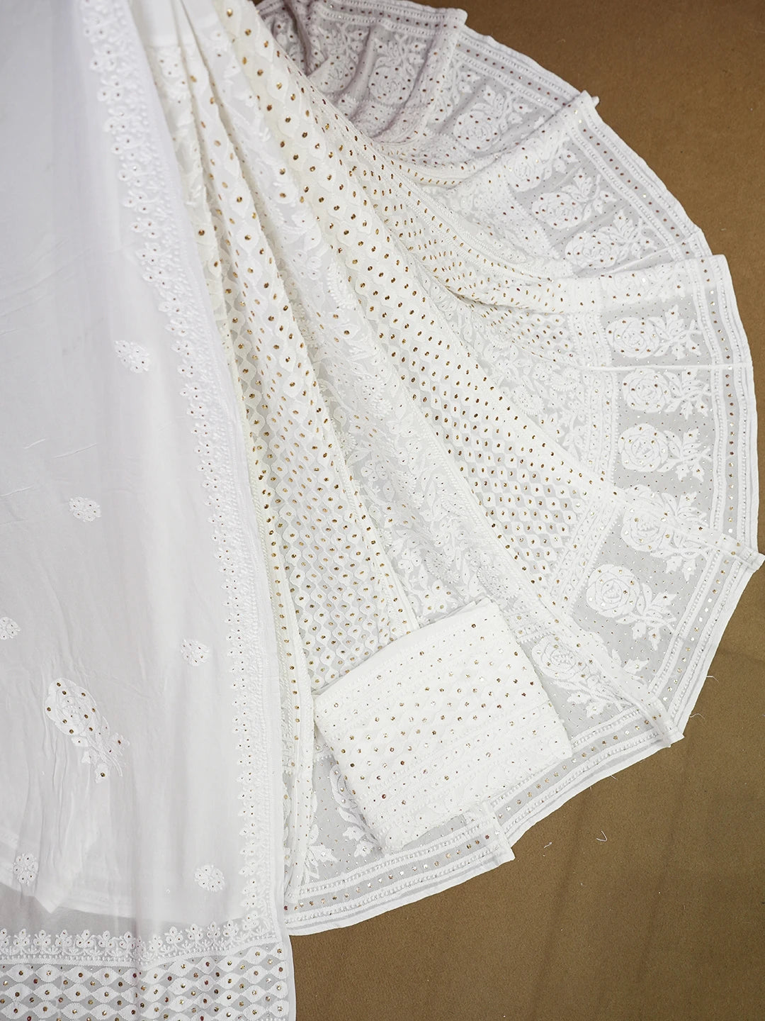 Ada Hand Embroidered White Viscose Georgette Lucknowi Chikankari Lehenga Set With Muqaish Work 01A586952