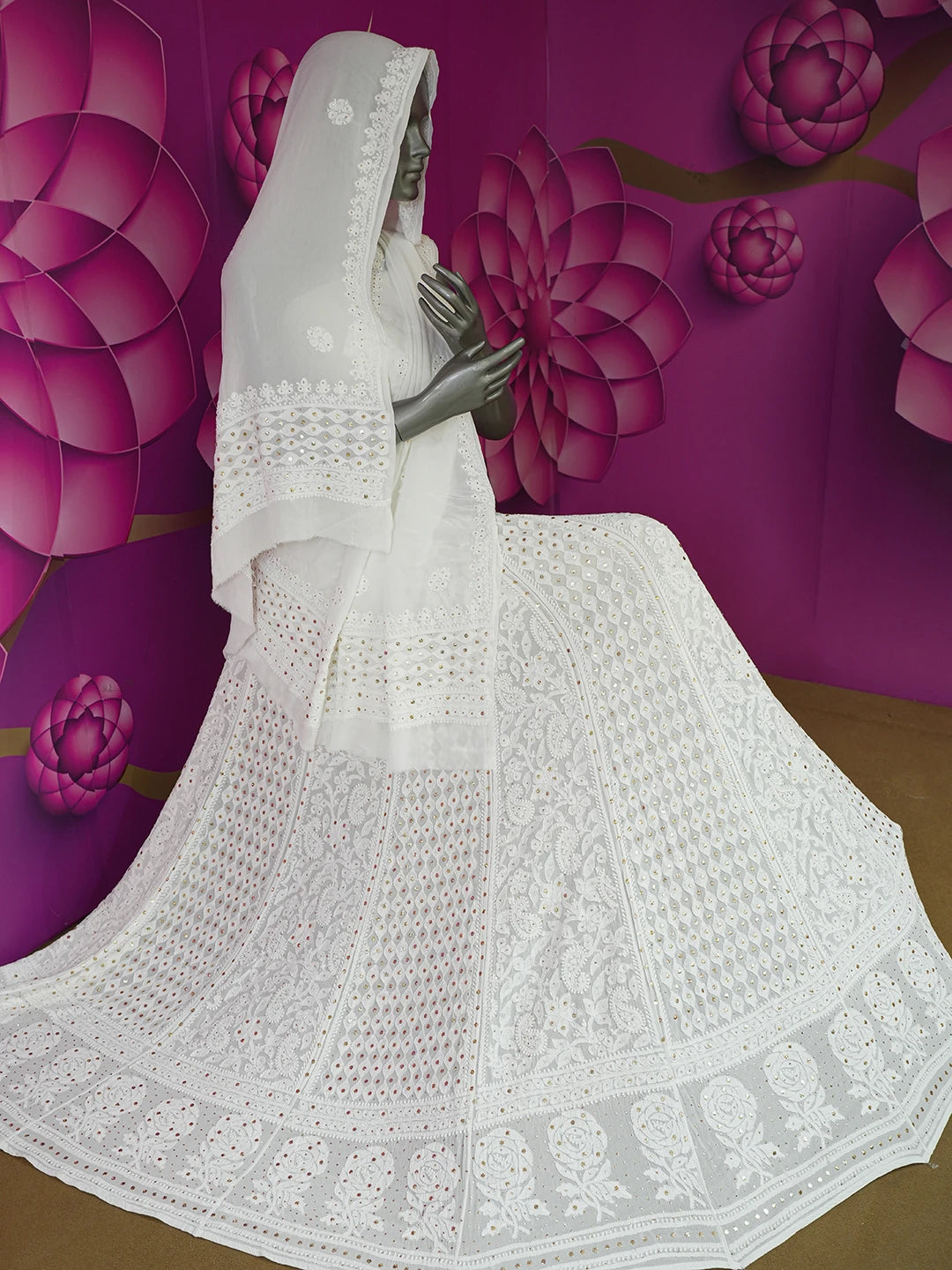 Ada Hand Embroidered White Viscose Georgette Lucknowi Chikankari Lehenga Set With Muqaish Work 01A586952