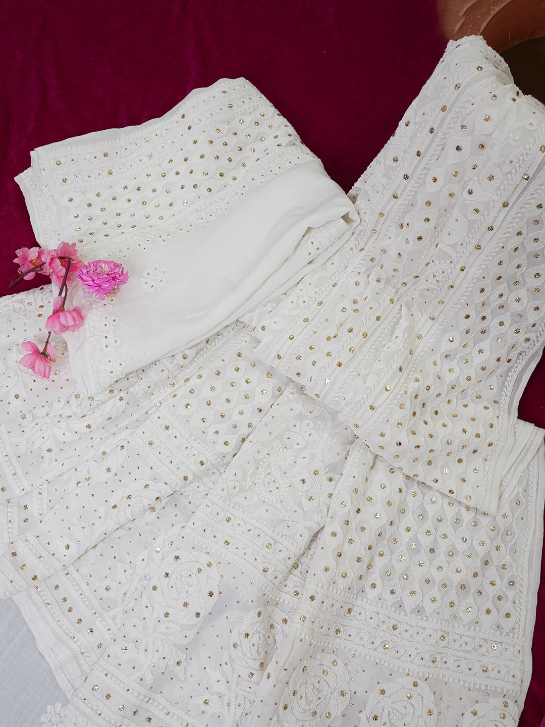 Ada Hand Embroidered White Viscose Georgette Lucknowi Chikankari Lehenga Set With Muqaish Work 01A586952