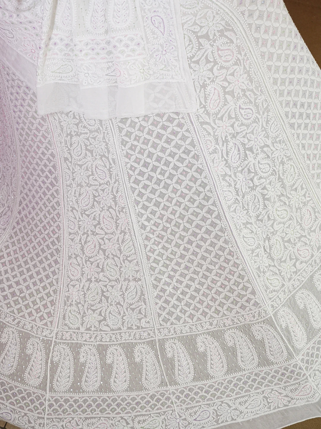 Ada Hand Embroidered White Viscose Georgette Lucknowi Chikankari Lehenga Set With Cutdana Work 01A584391