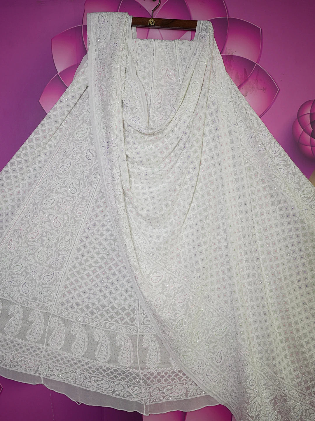 Ada Hand Embroidered White Viscose Georgette Lucknowi Chikankari Lehenga Set With Cutdana Work 01A584391