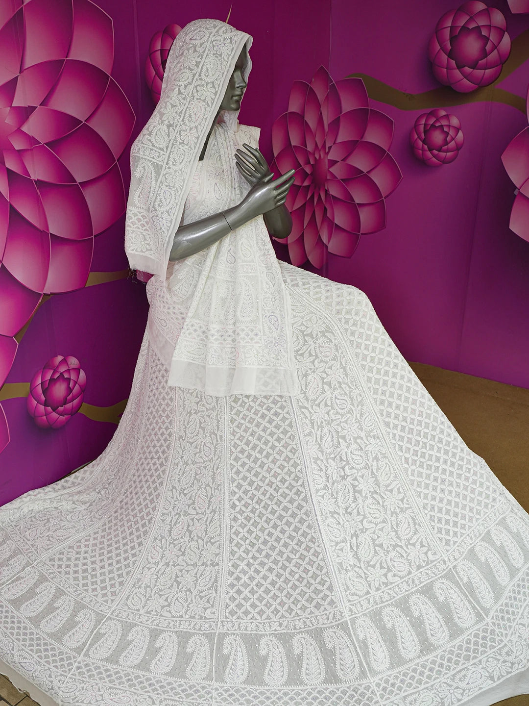 Ada Hand Embroidered White Viscose Georgette Lucknowi Chikankari Lehenga Set With Cutdana Work 01A584391