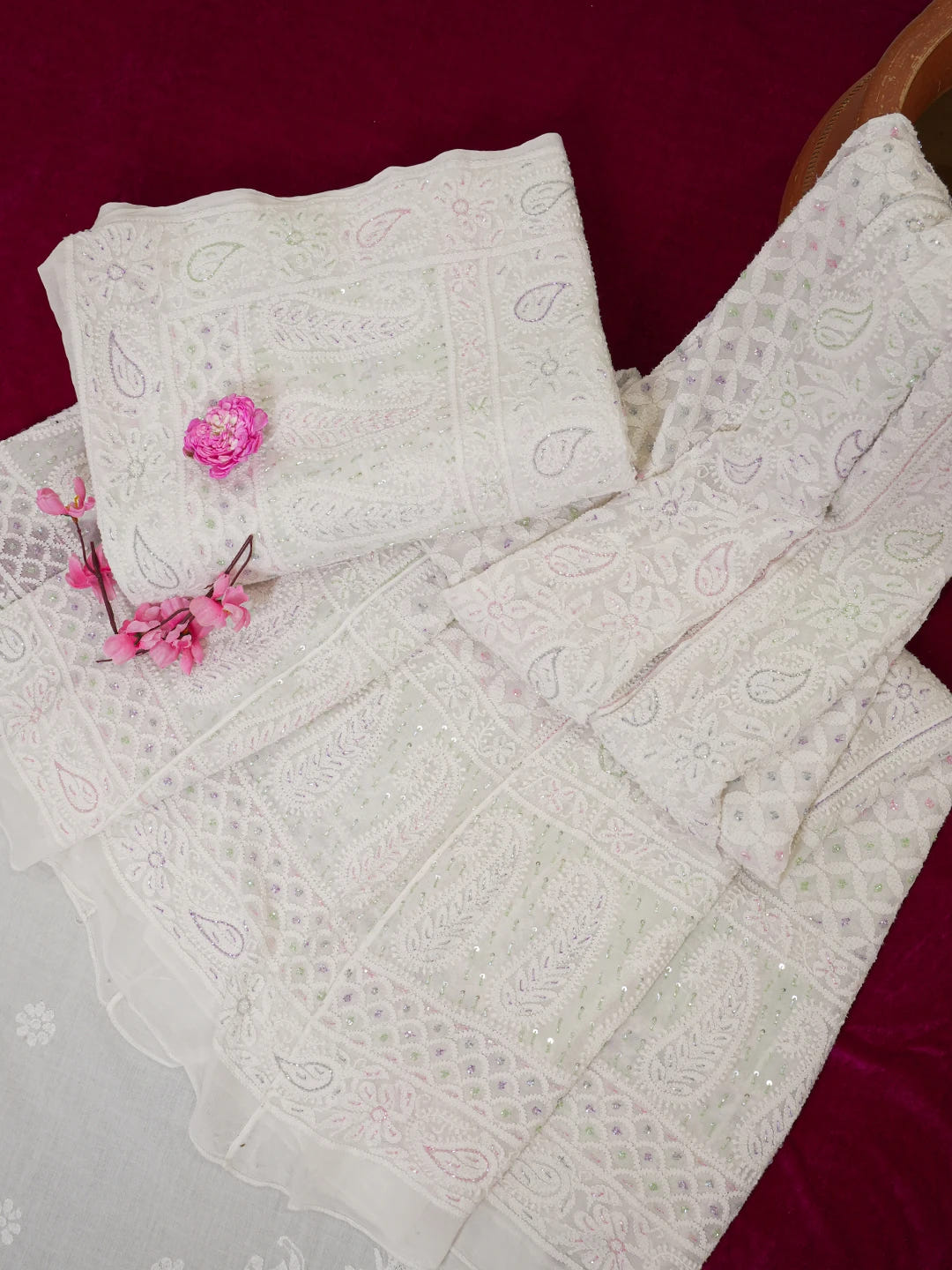 Ada Hand Embroidered White Viscose Georgette Lucknowi Chikankari Lehenga Set With Cutdana Work 01A584391