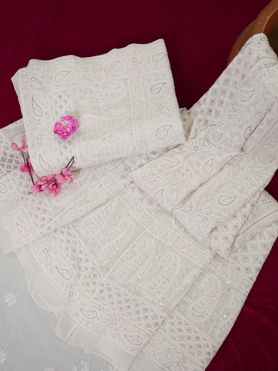 Ada Hand Embroidered White Viscose Georgette Lucknowi Chikankari Lehenga Set With Cutdana Work 01A584391
