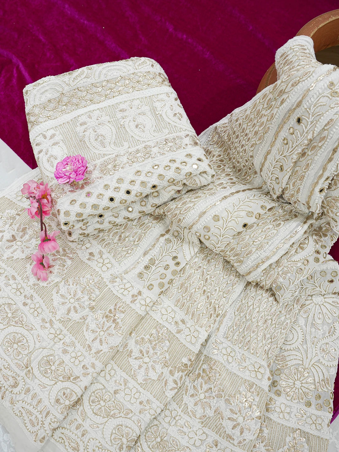 Ada Hand Embroidered White Viscose Georgette Lucknowi Chikankari Lehenga Set With Pearl Work 01A584970