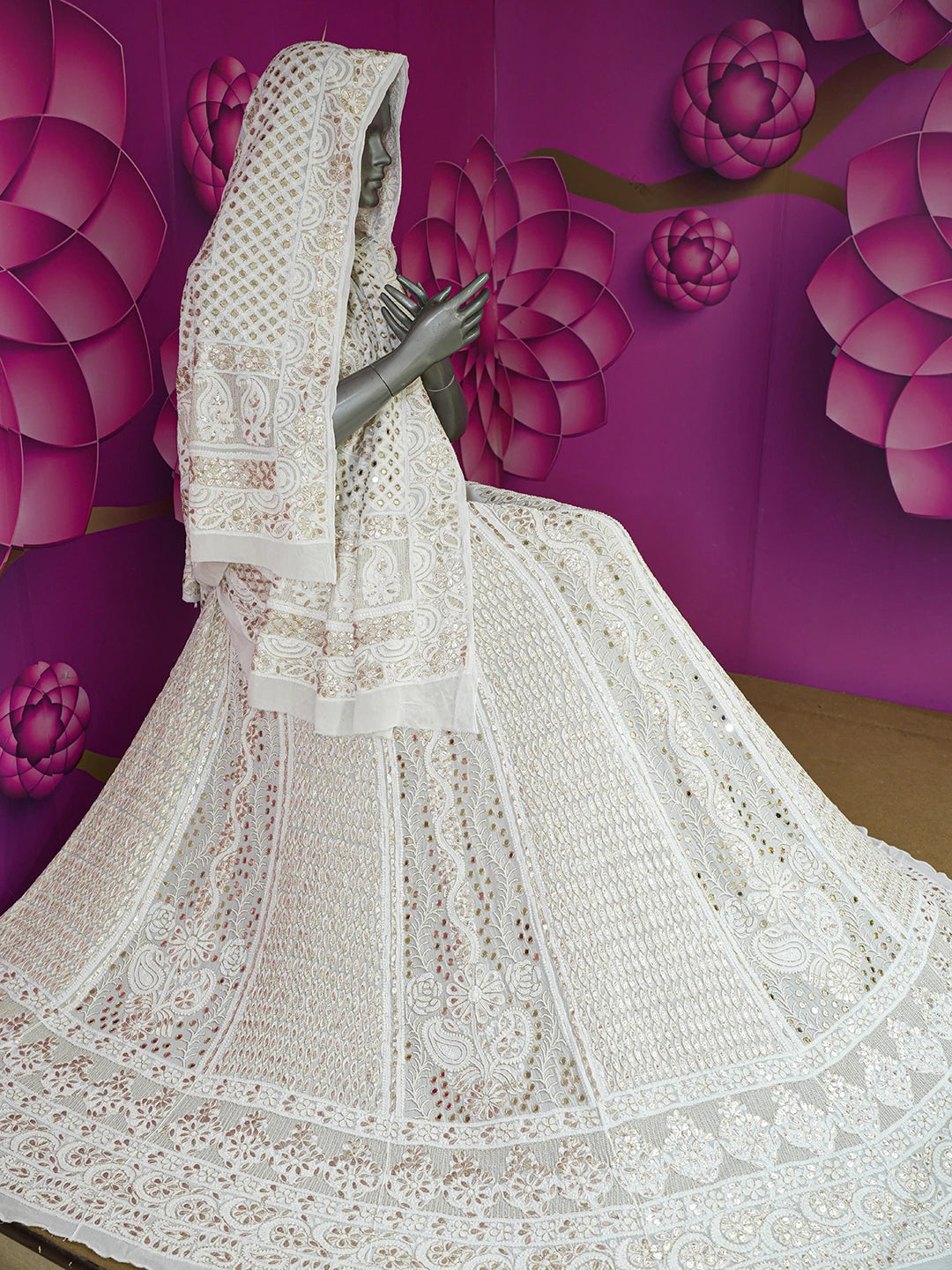 Ada Hand Embroidered White Viscose Georgette Lucknowi Chikankari Lehenga Set With Pearl Work 01A584970
