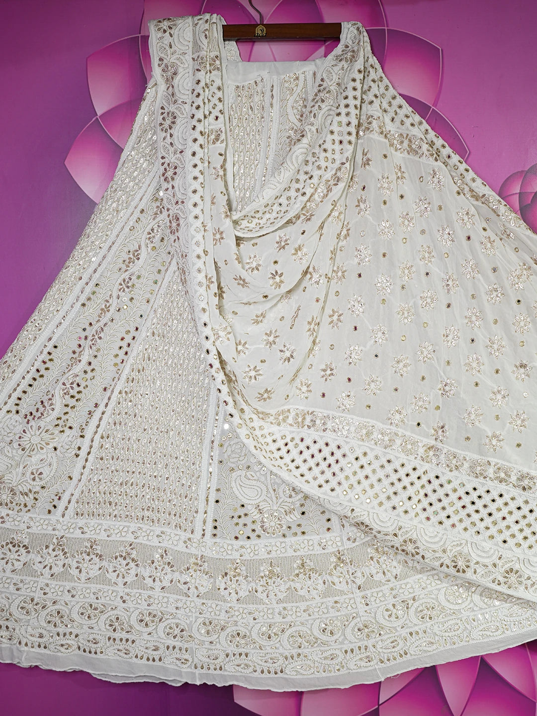 Ada Hand Embroidered White Viscose Georgette Lucknowi Chikankari Lehenga Set With Pearl Work 01A584970