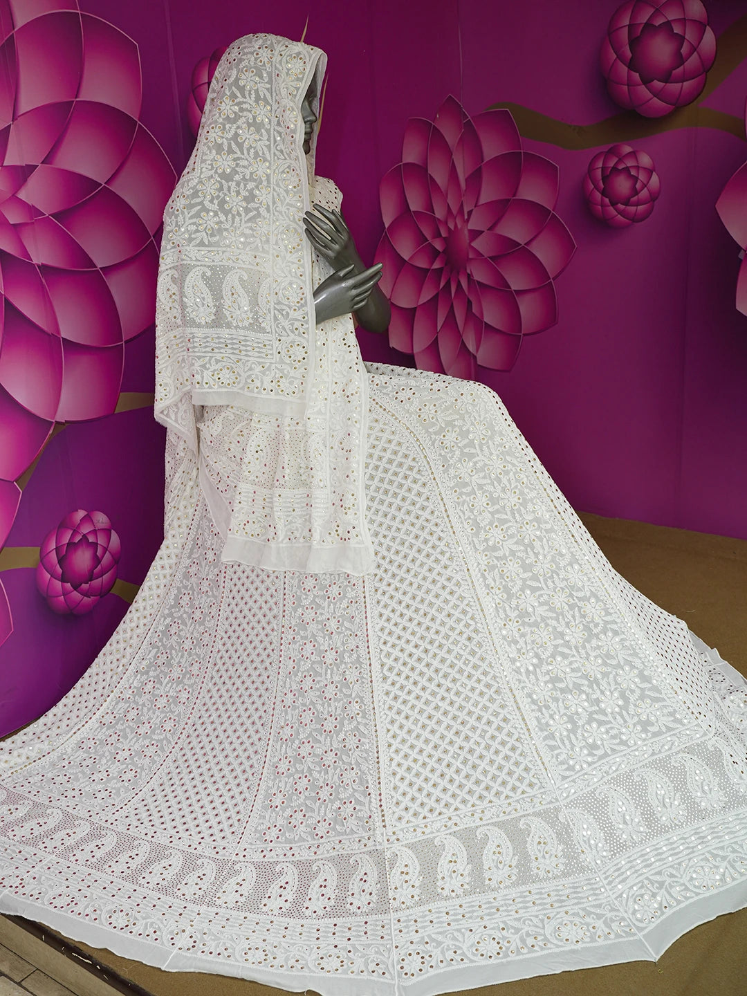 Ada Hand Embroidered White Viscose Georgette Lucknowi Chikankari Lehenga Set With Muqaish Work 01A624466