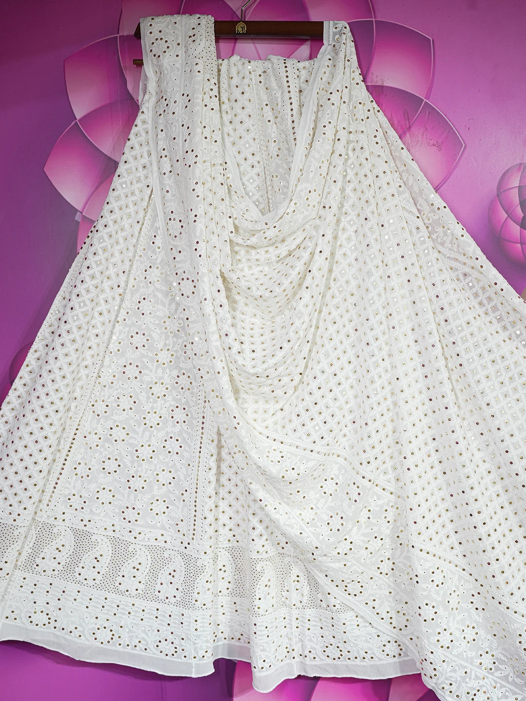 Ada Hand Embroidered White Viscose Georgette Lucknowi Chikankari Lehenga Set With Muqaish Work 01A624466