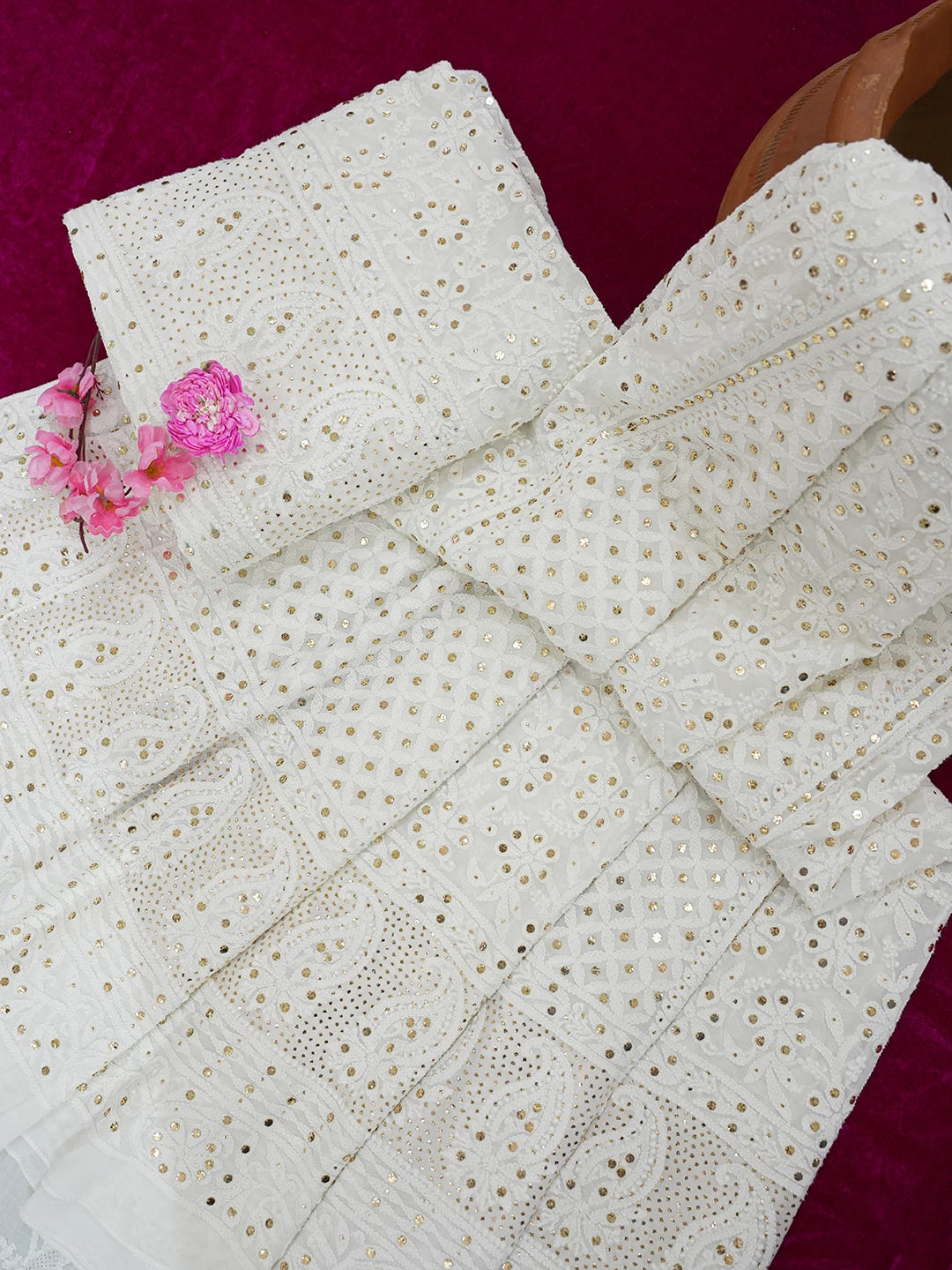 Ada Hand Embroidered White Viscose Georgette Lucknowi Chikankari Lehenga Set With Muqaish Work 01A624466