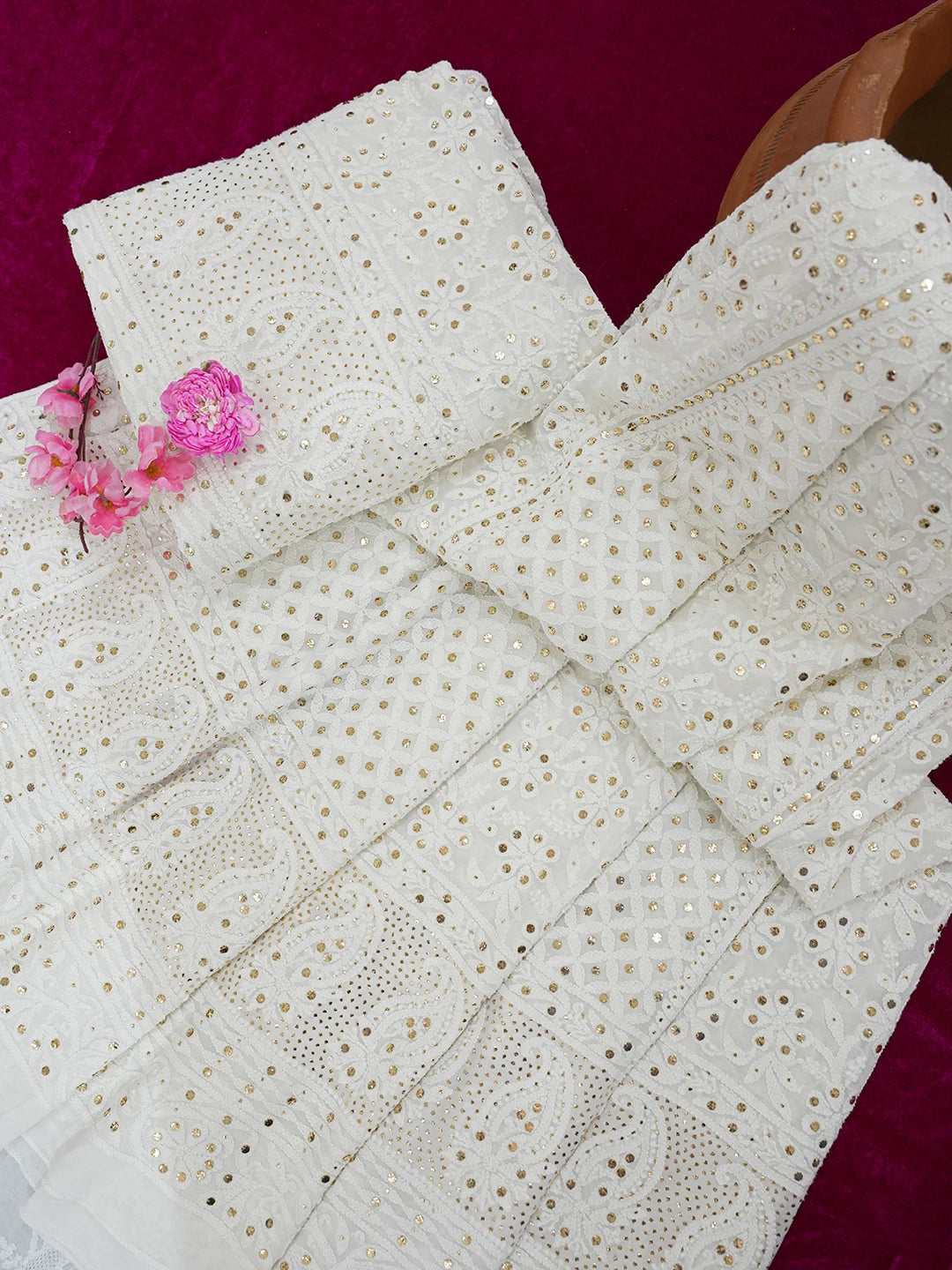 Ada Hand Embroidered White Viscose Georgette Lucknowi Chikankari Lehenga Set With Muqaish Work 01A624466