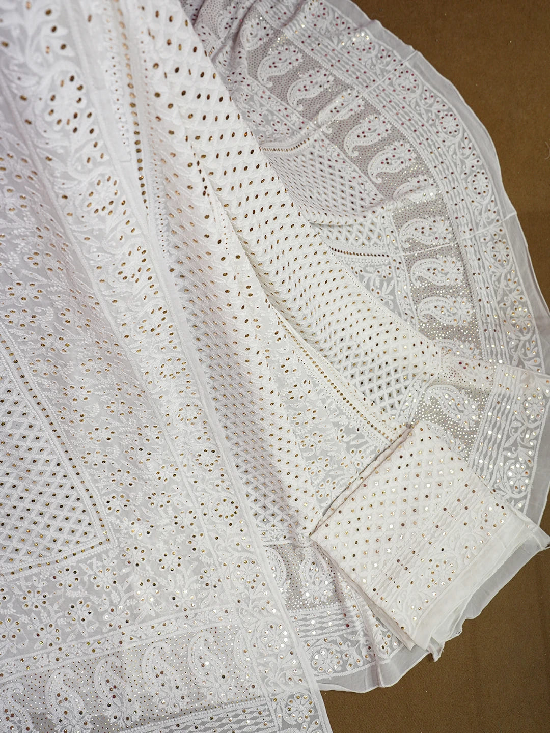 Ada Hand Embroidered White Viscose Georgette Lucknowi Chikankari Lehenga Set With Muqaish Work 01A624466