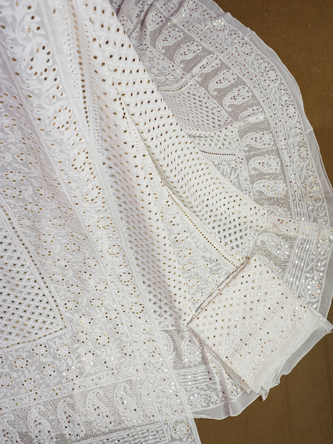 Ada Hand Embroidered White Viscose Georgette Lucknowi Chikankari Lehenga Set With Muqaish Work 01A624466