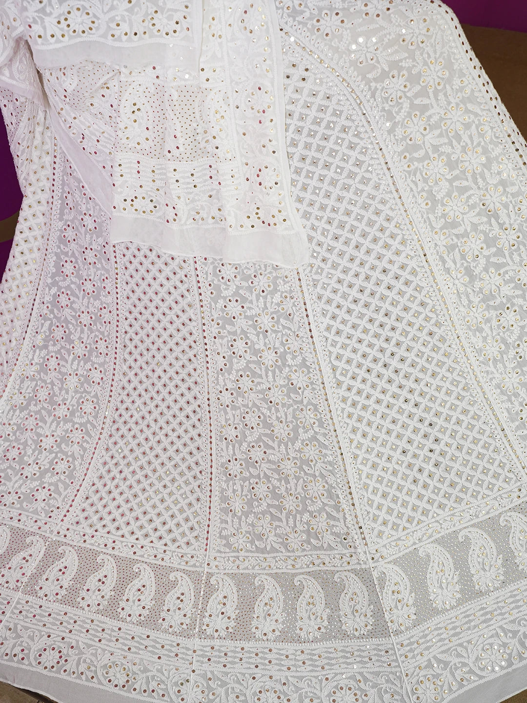 Ada Hand Embroidered White Viscose Georgette Lucknowi Chikankari Lehenga Set With Muqaish Work 01A624466