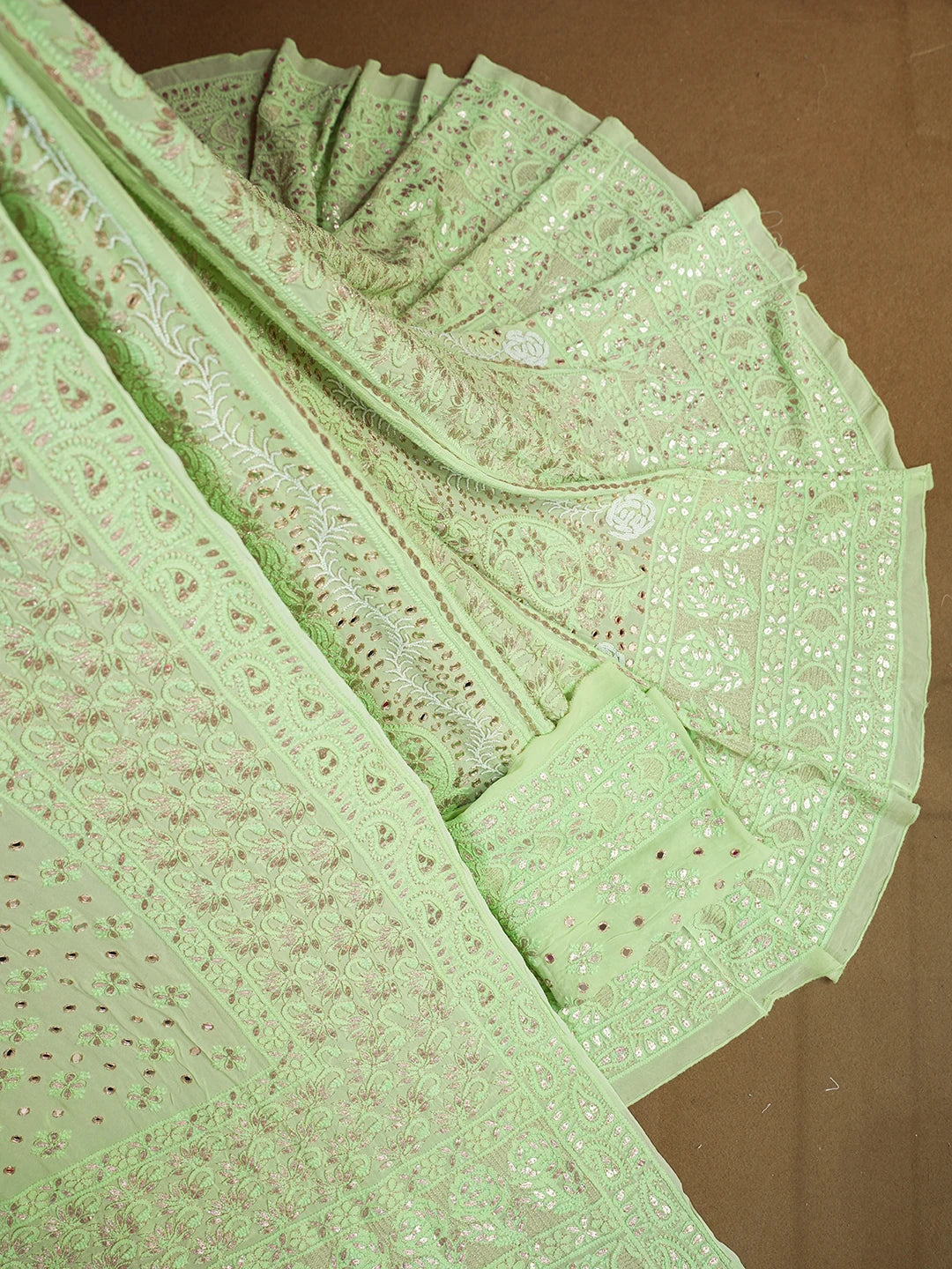 Ada Hand Embroidered Pistachio Green Viscose Georgette Lucknowi Chikankari Lehenga Set With Cutdana & Mirror Work 01A600504