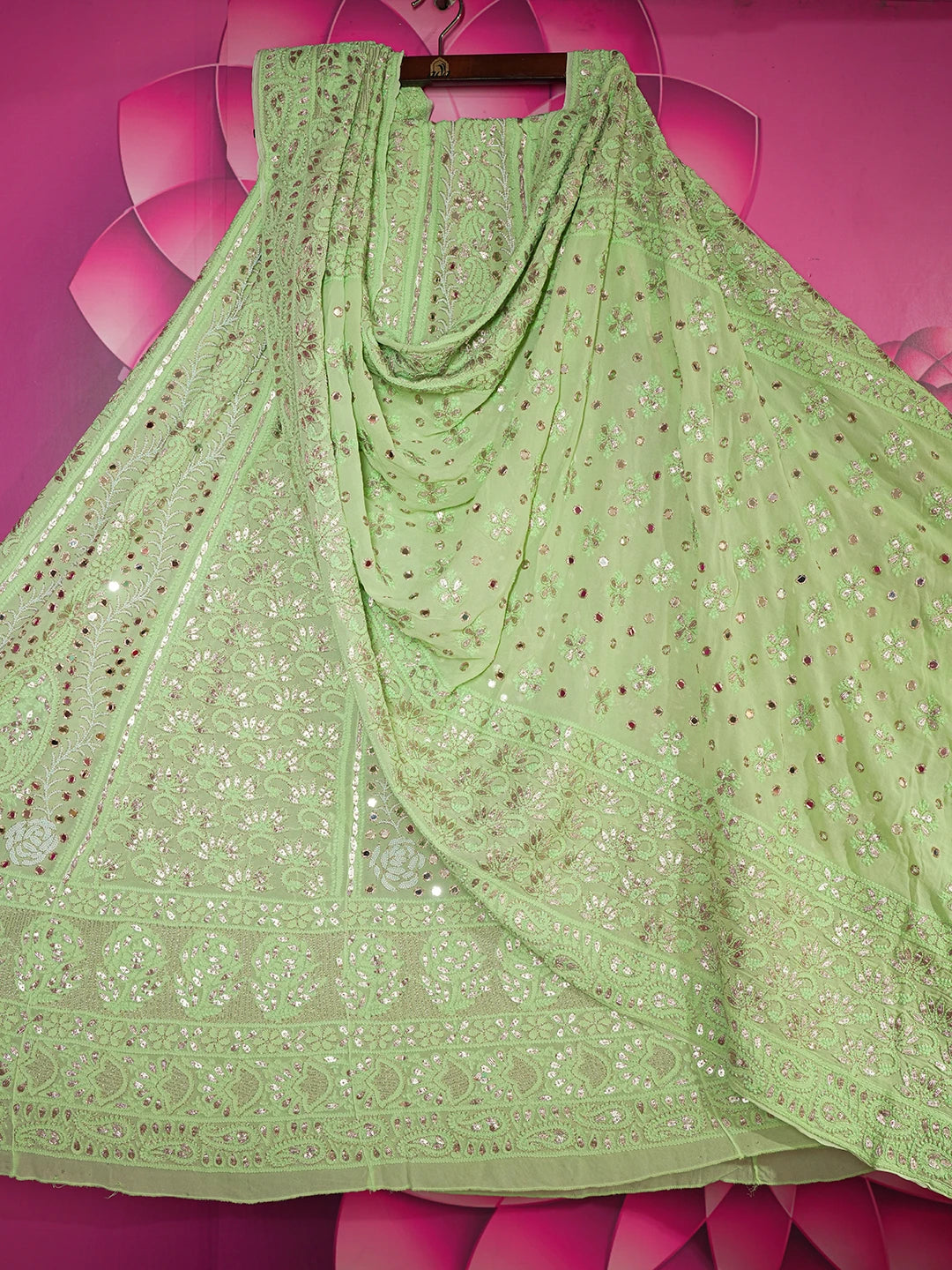 Ada Hand Embroidered Pistachio Green Viscose Georgette Lucknowi Chikankari Lehenga Set With Cutdana & Mirror Work 01A600504