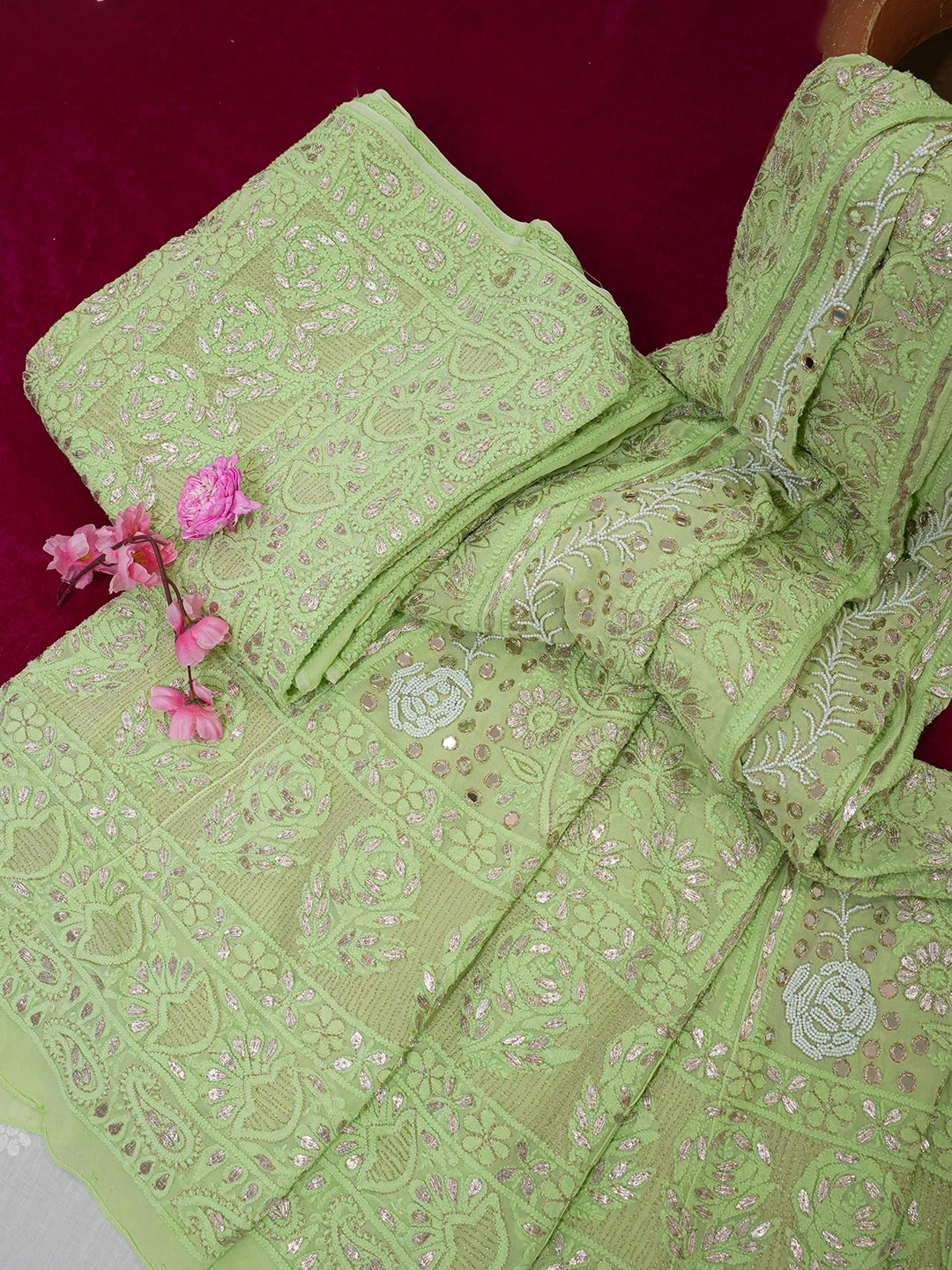 Ada Hand Embroidered Pistachio Green Viscose Georgette Lucknowi Chikankari Lehenga Set With Cutdana & Mirror Work 01A600504