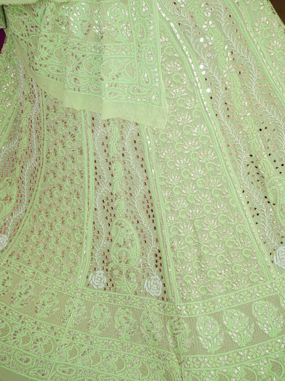 Ada Hand Embroidered Pistachio Green Viscose Georgette Lucknowi Chikankari Lehenga Set With Cutdana & Mirror Work 01A600504