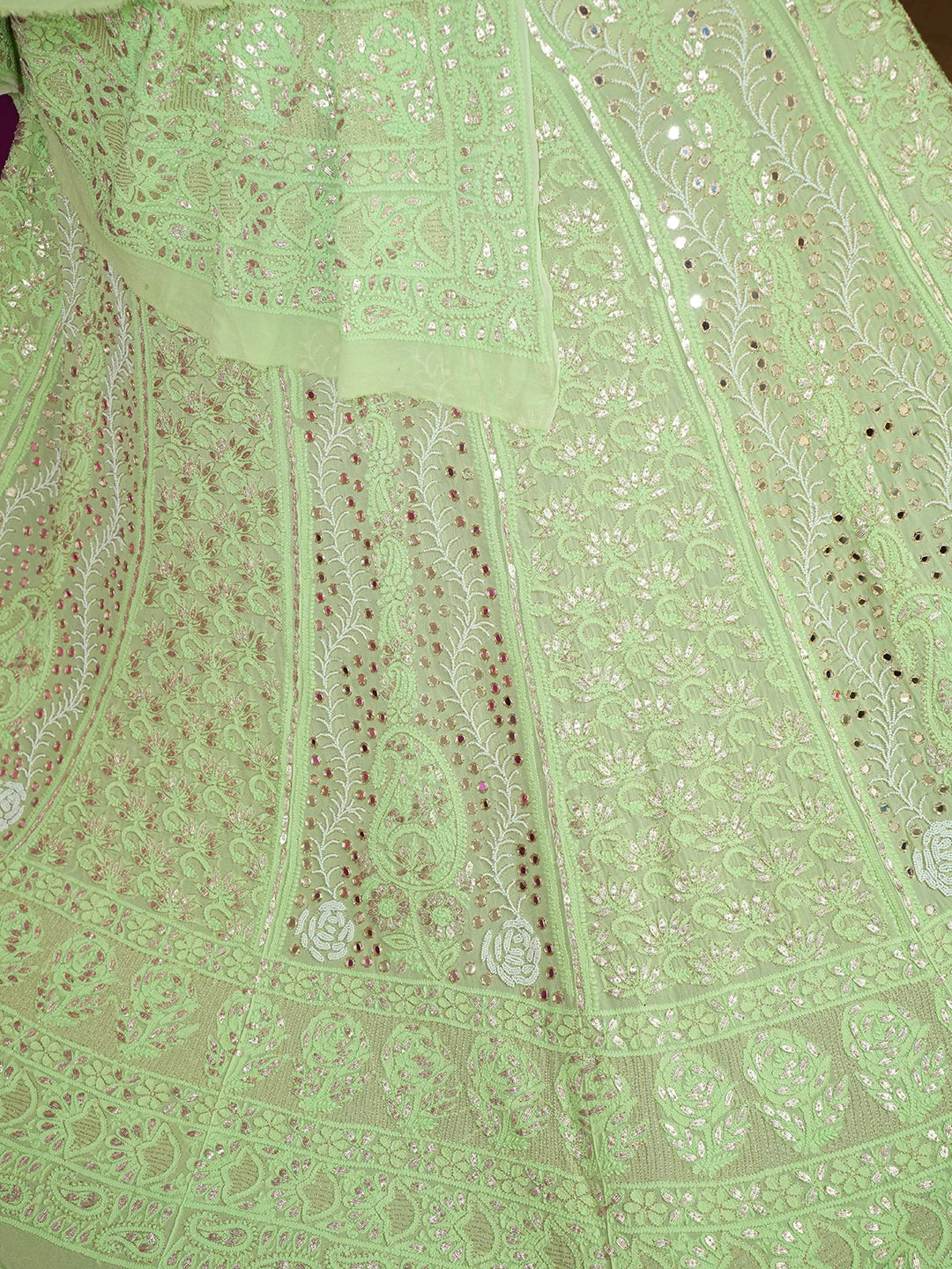 Ada Hand Embroidered Pistachio Green Viscose Georgette Lucknowi Chikankari Lehenga Set With Cutdana & Mirror Work 01A600504