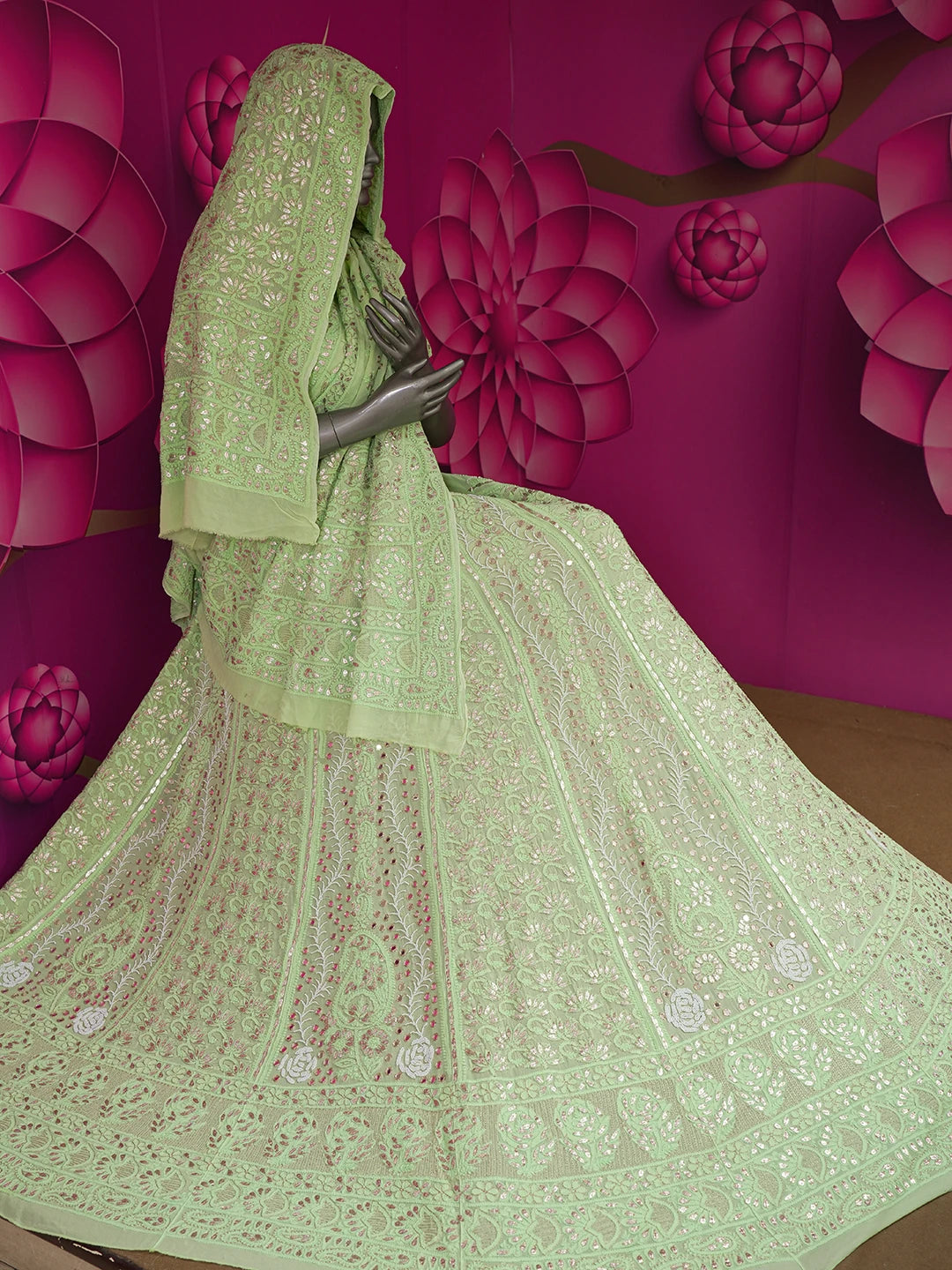 Ada Hand Embroidered Pistachio Green Viscose Georgette Lucknowi Chikankari Lehenga Set With Cutdana & Mirror Work 01A600504