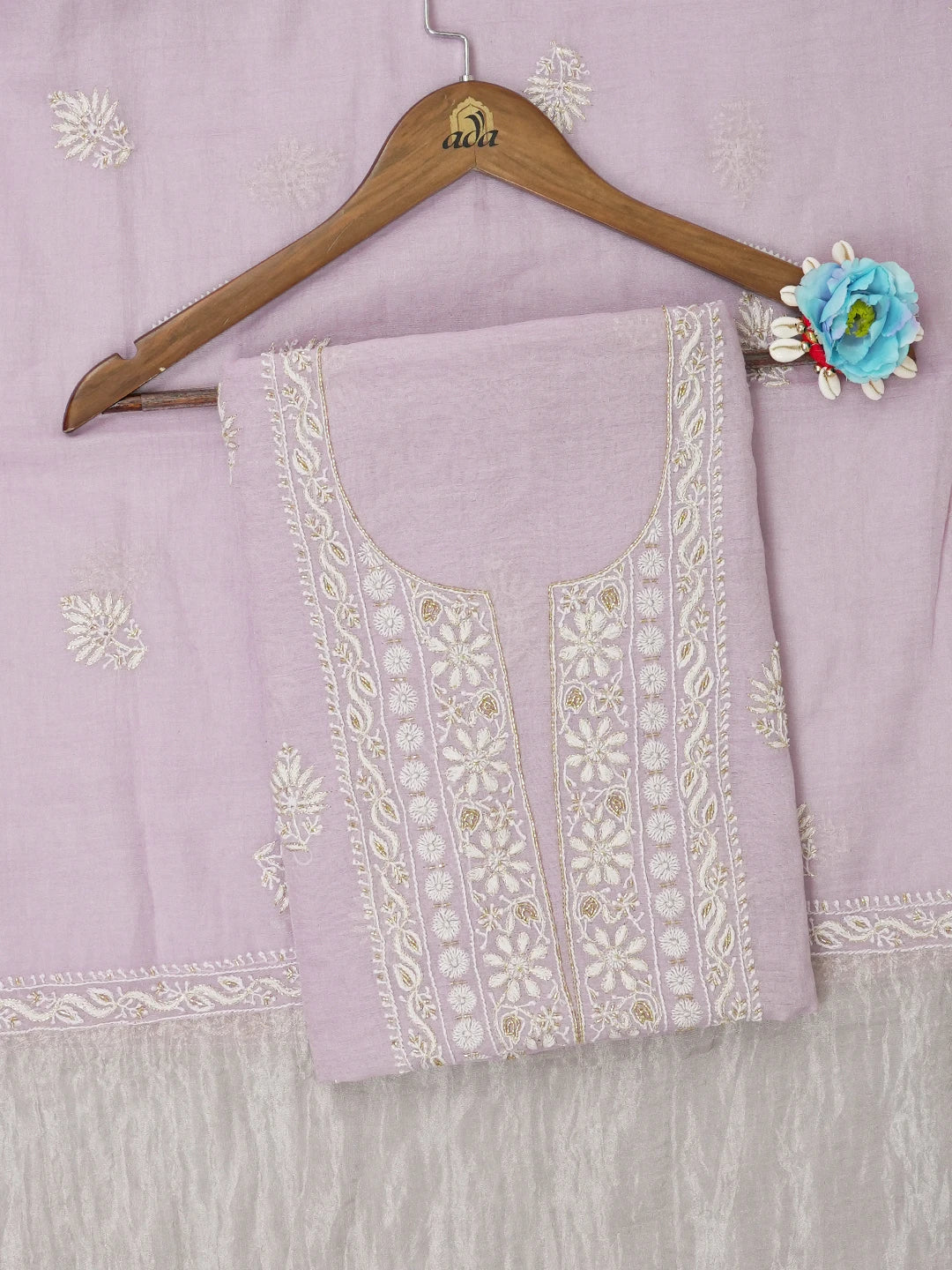 Ada Hand Embroidered Lavender Tissue Lucknowi Chikankari Unstitched Kurta Dupatta Set With Cutdana Work 01A614847