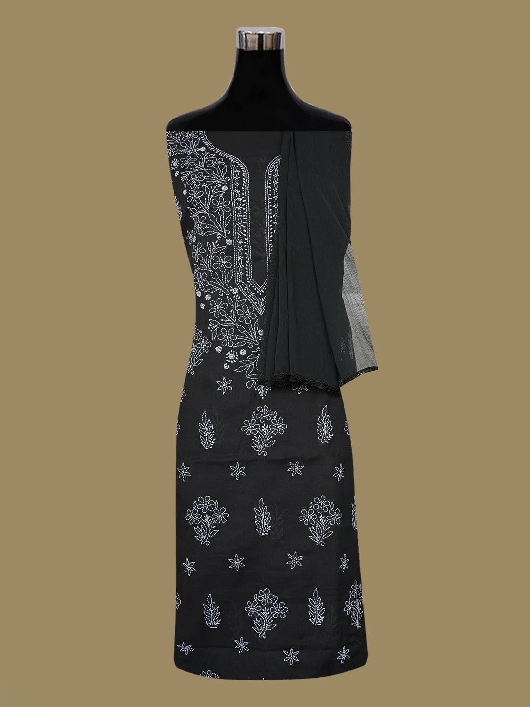 Ada Hand Embroidered Black Cotton Lucknowi Chikankari Unstitched Suit Piece 01A657341