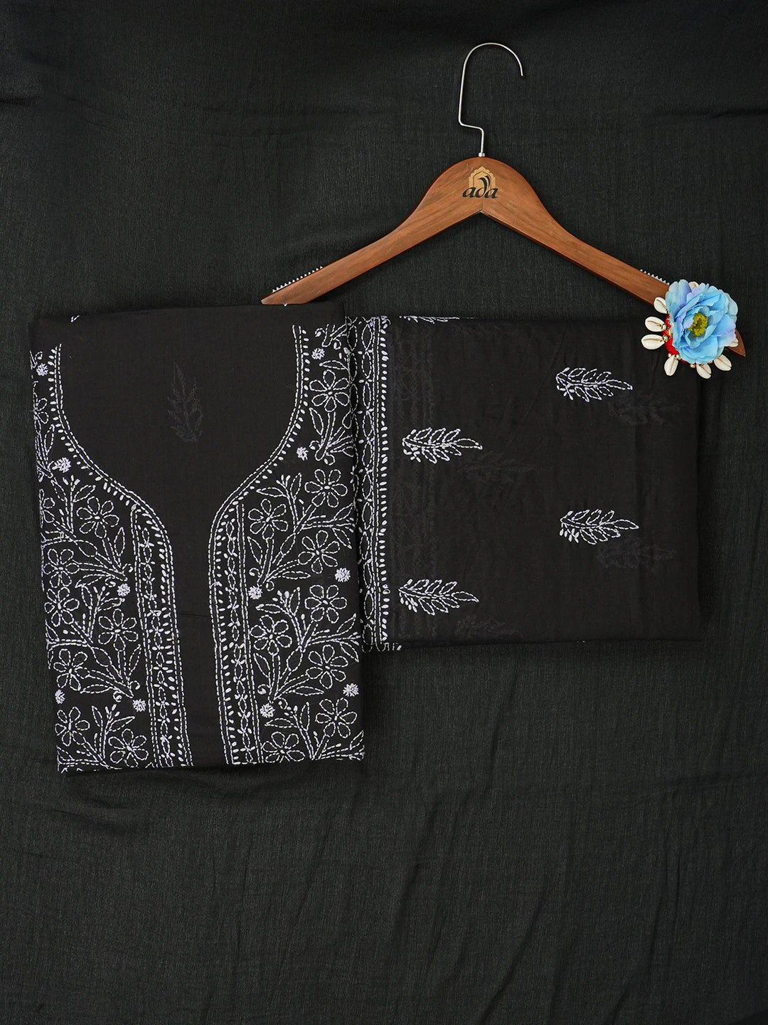 Ada Hand Embroidered Black Cotton Lucknowi Chikankari Unstitched Suit Piece 01A657341