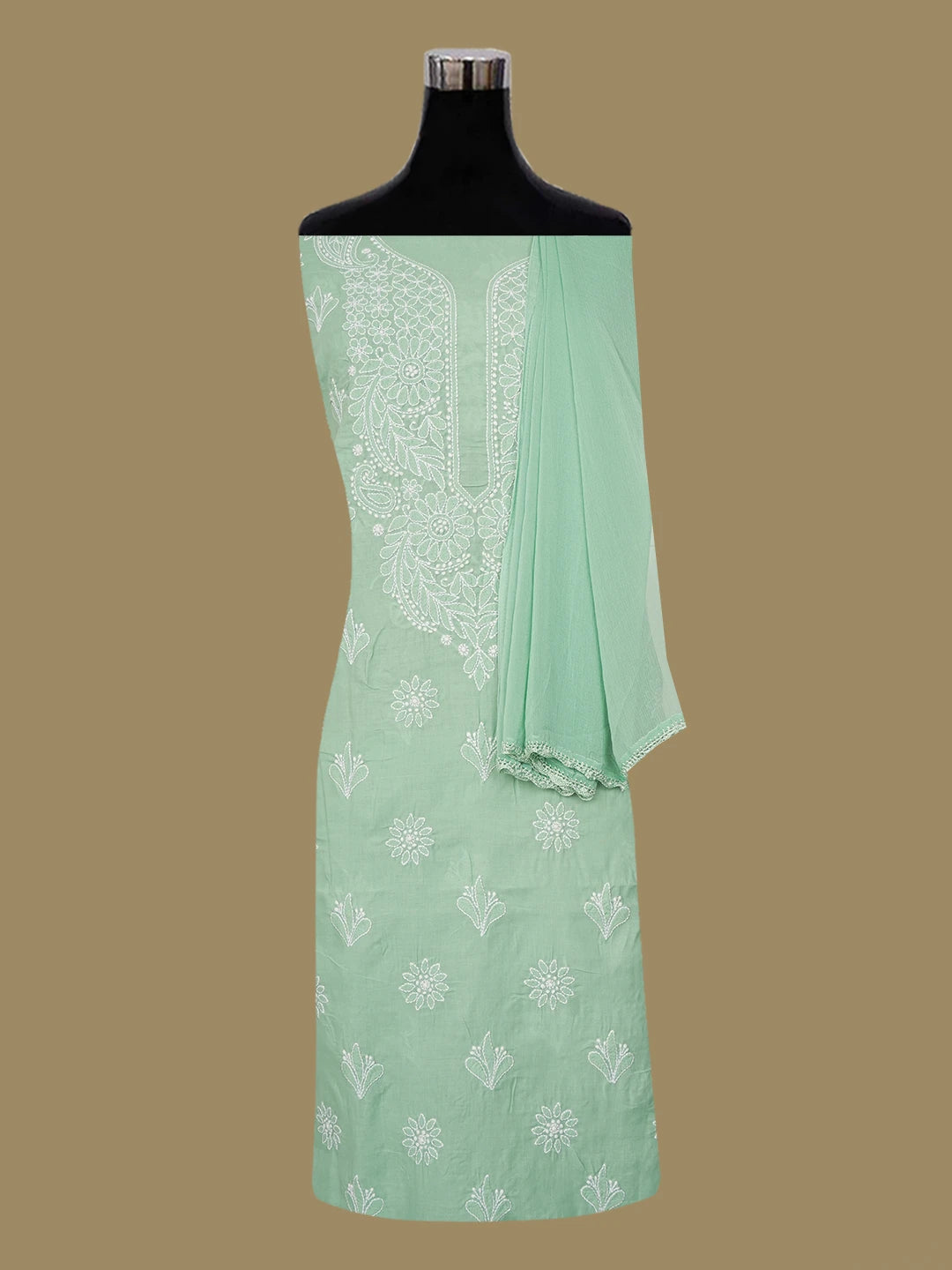 Ada Hand Embroidered Pistachio Green Cotton Lucknowi Chikankari Unstitched Suit Piece 01A657356