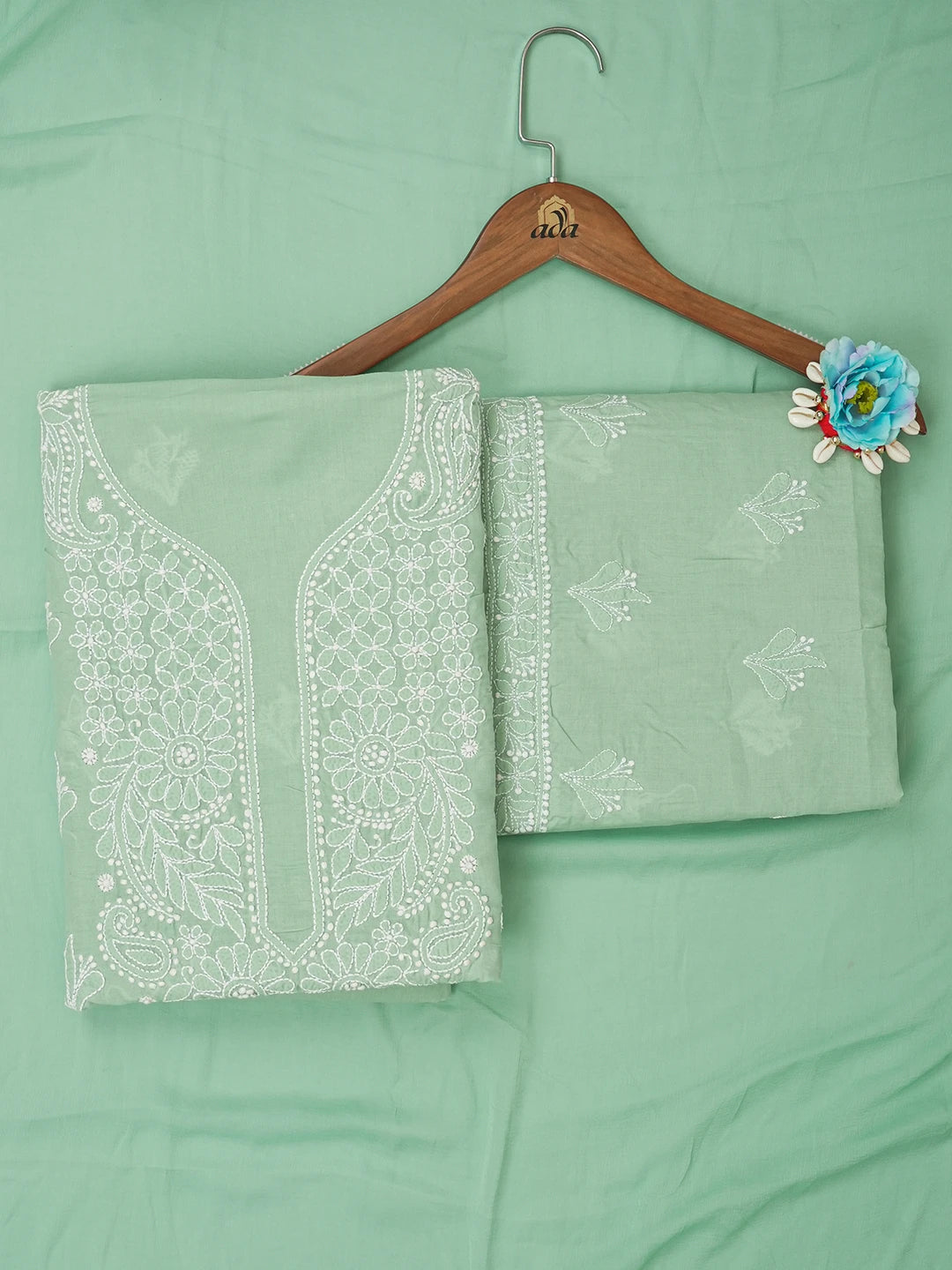Ada Hand Embroidered Pistachio Green Cotton Lucknowi Chikankari Unstitched Suit Piece 01A657356