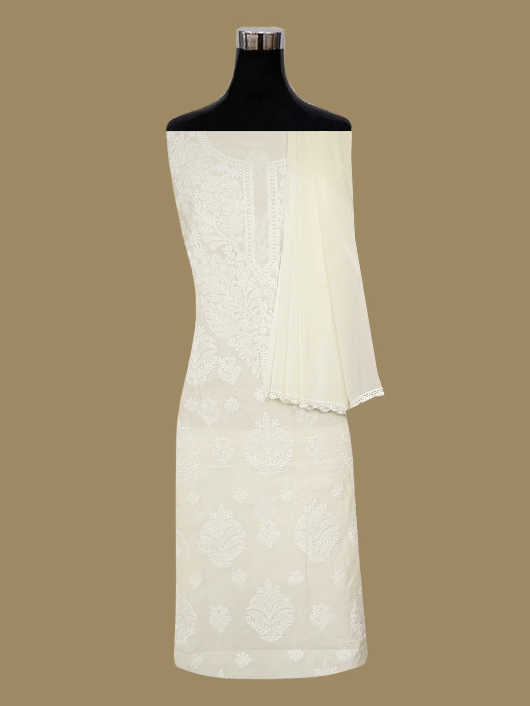Ada Hand Embroidered Cream Cotton Lucknowi Chikankari Unstitched Suit Piece 01A657348