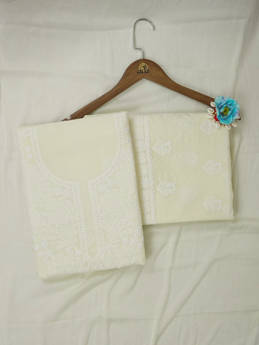 Ada Hand Embroidered Cream Cotton Lucknowi Chikankari Unstitched Suit Piece 01A657348