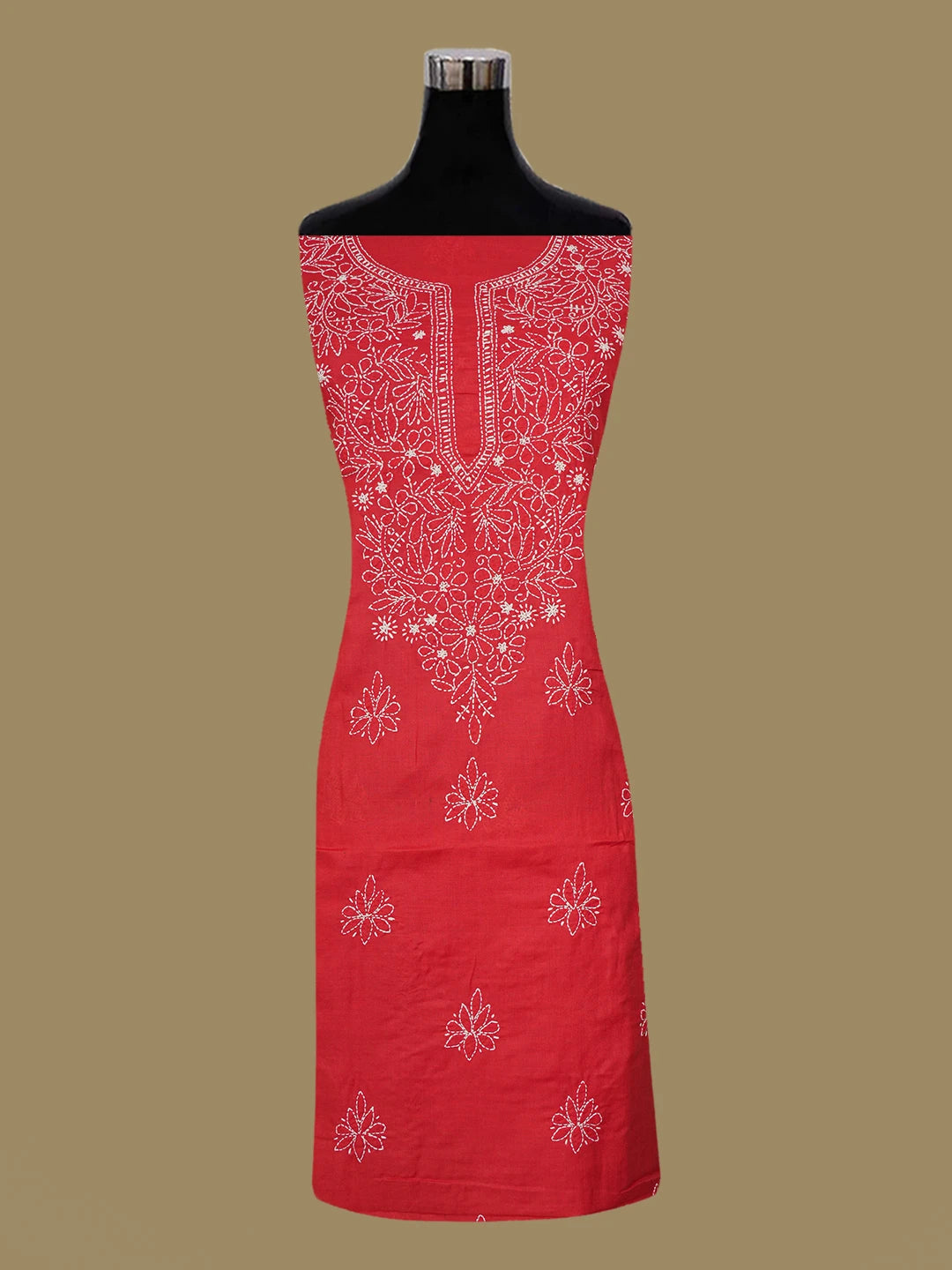 Ada Hand Embroidered Red Cotton Lucknowi Chikankari Unstitched Suit Piece 01A657313