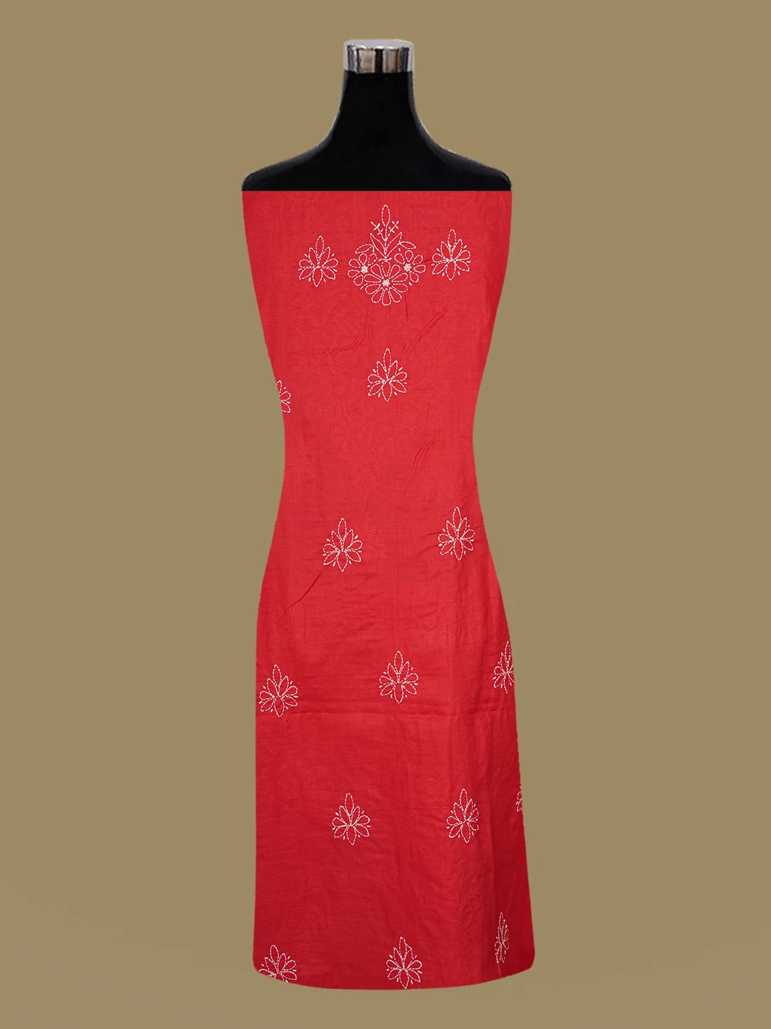 Ada Hand Embroidered Red Cotton Lucknowi Chikankari Unstitched Suit Piece 01A657313