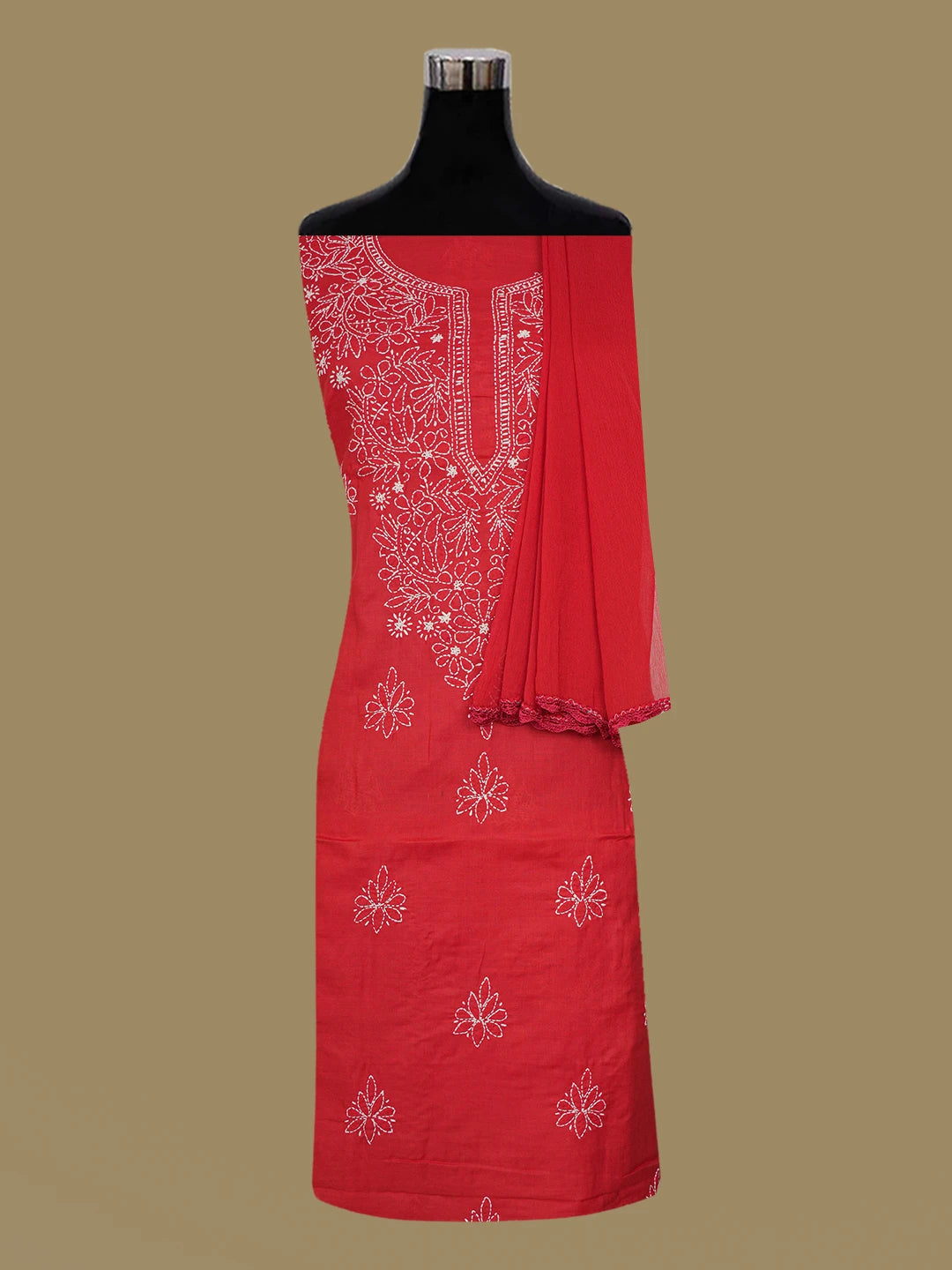 Ada Hand Embroidered Red Cotton Lucknowi Chikankari Unstitched Suit Piece 01A657313