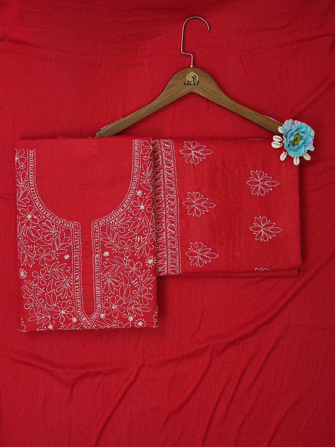Ada Hand Embroidered Red Cotton Lucknowi Chikankari Unstitched Suit Piece 01A657313