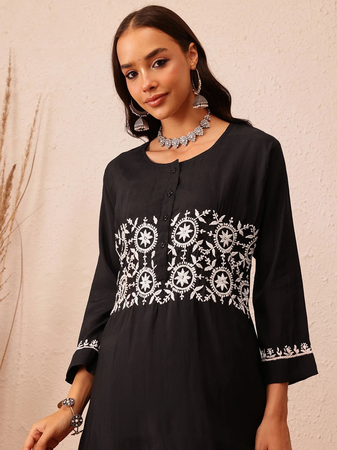 Ada Hand Embroidered Black Cotton Lucknowi Chikankari Co-Ord Set A811295