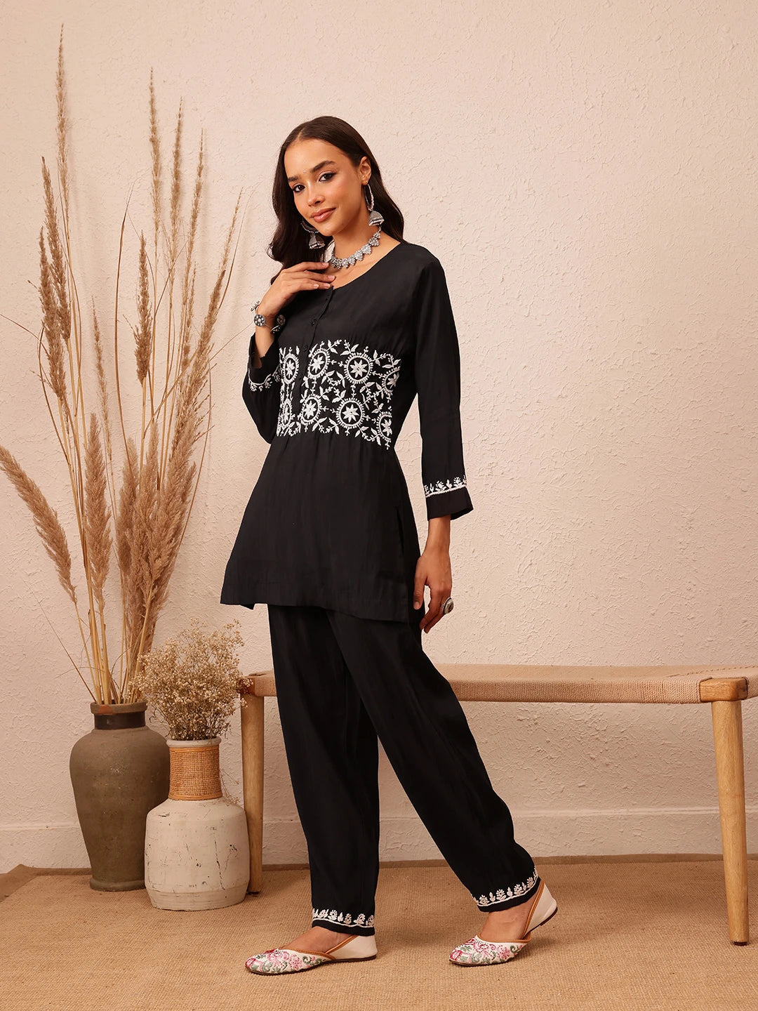 Ada Hand Embroidered Black Cotton Lucknowi Chikankari Co-Ord Set A811295
