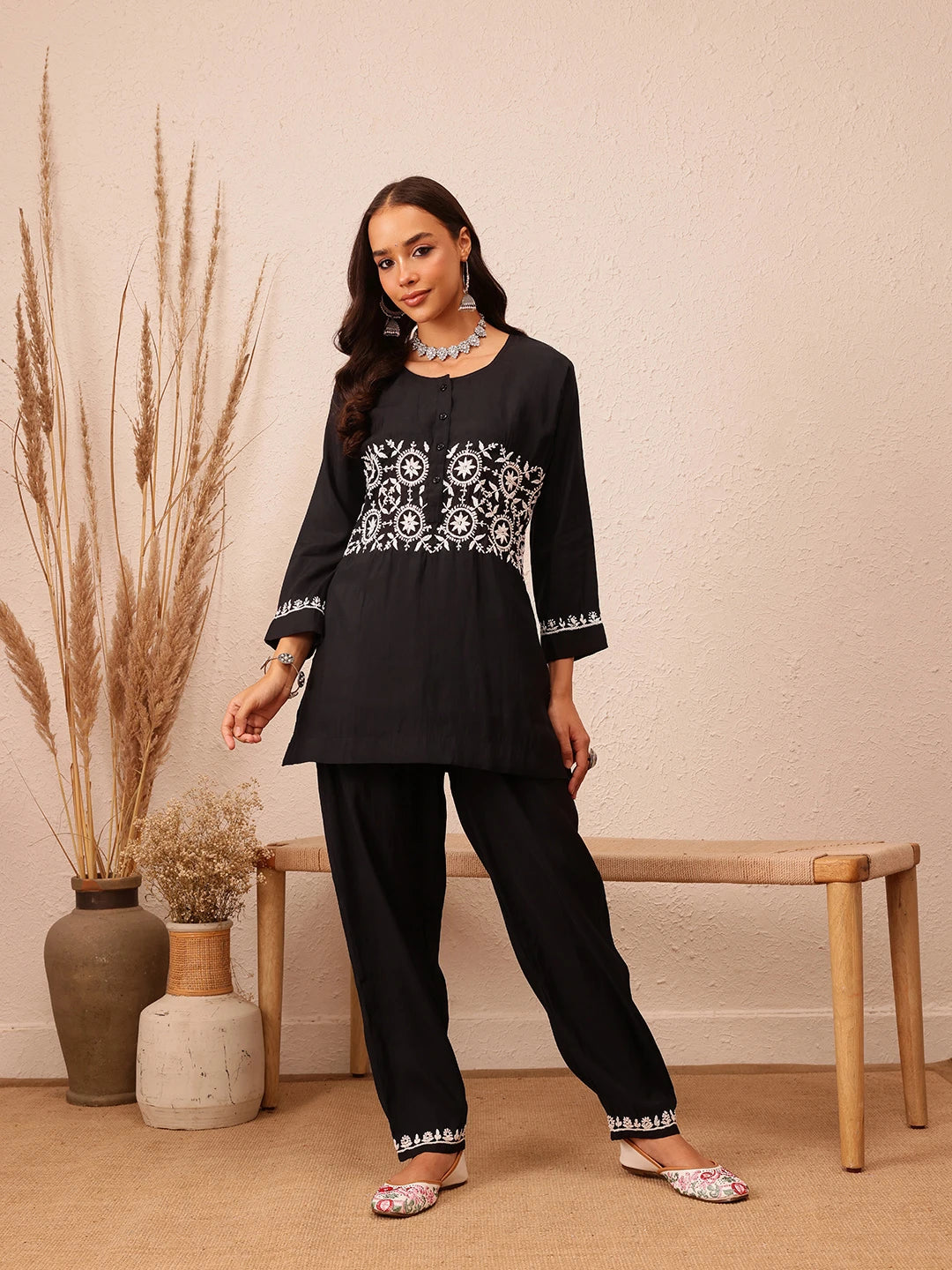 Ada Hand Embroidered Black Cotton Lucknowi Chikankari Co-Ord Set A811295