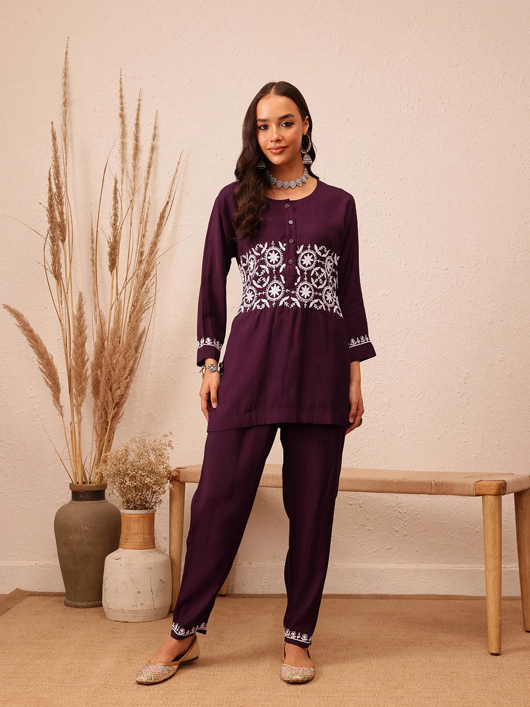 Ada Hand Embroidered Wine Cotton Lucknowi Chikankari Co-Ord Set A811294